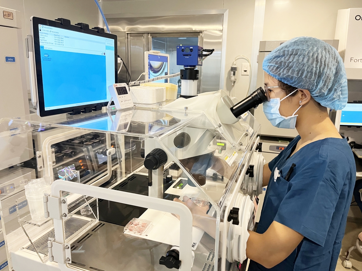 Chuyên viên phôi học đang cấy trứng vào môi trường nuôi cấy trứng non đặc biệt