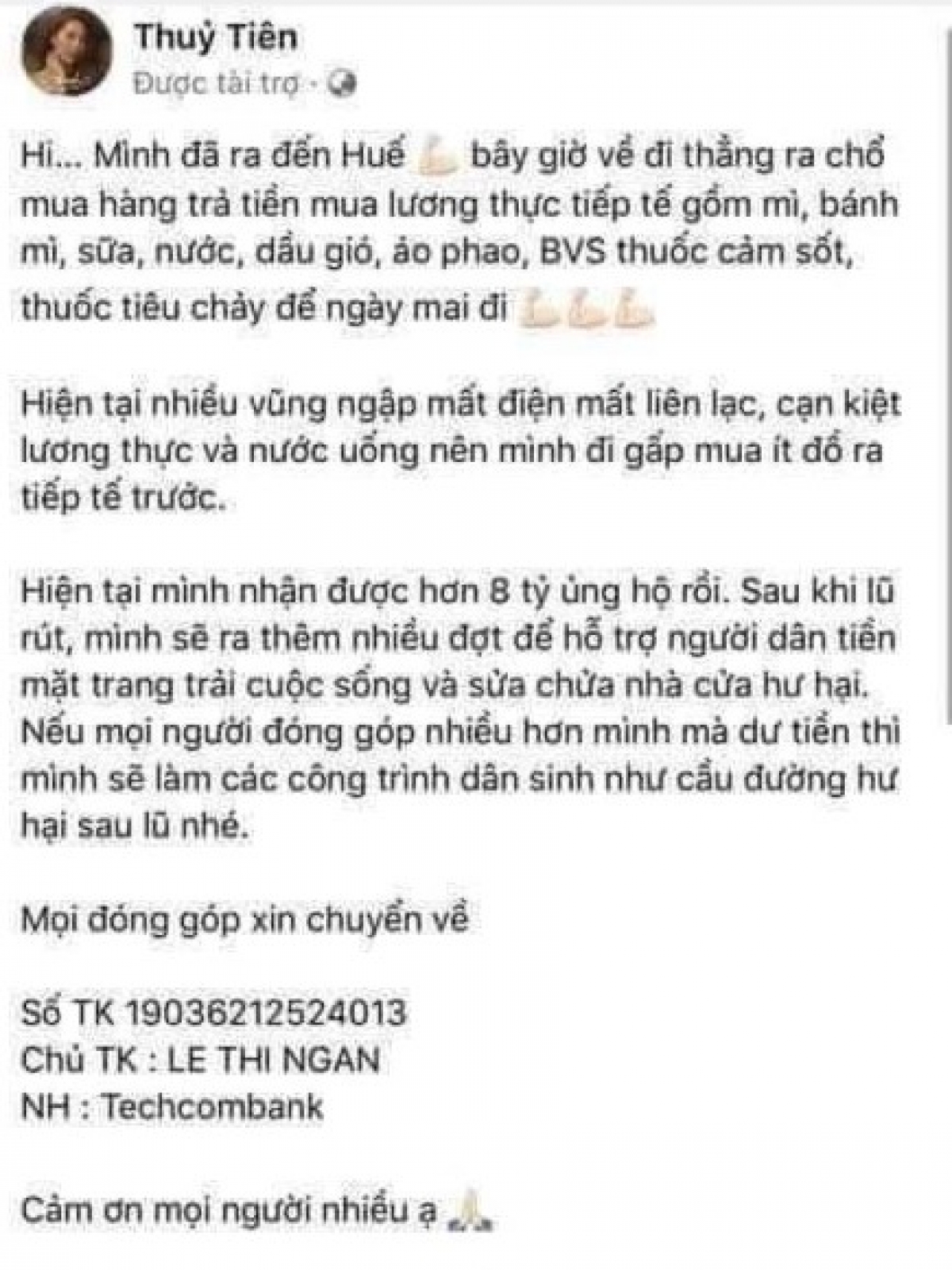 Facebook giả mạo ca sỹ Thủy Tiên. Ảnh: FBNV