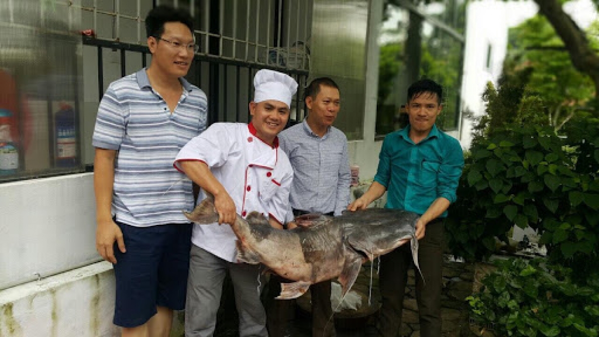 Anh Đặng Đình Mạnh, chủ chuỗi nhà hàng Mạnh Cá Lăng (Anh Mạnh đội mũ đầu bếp)