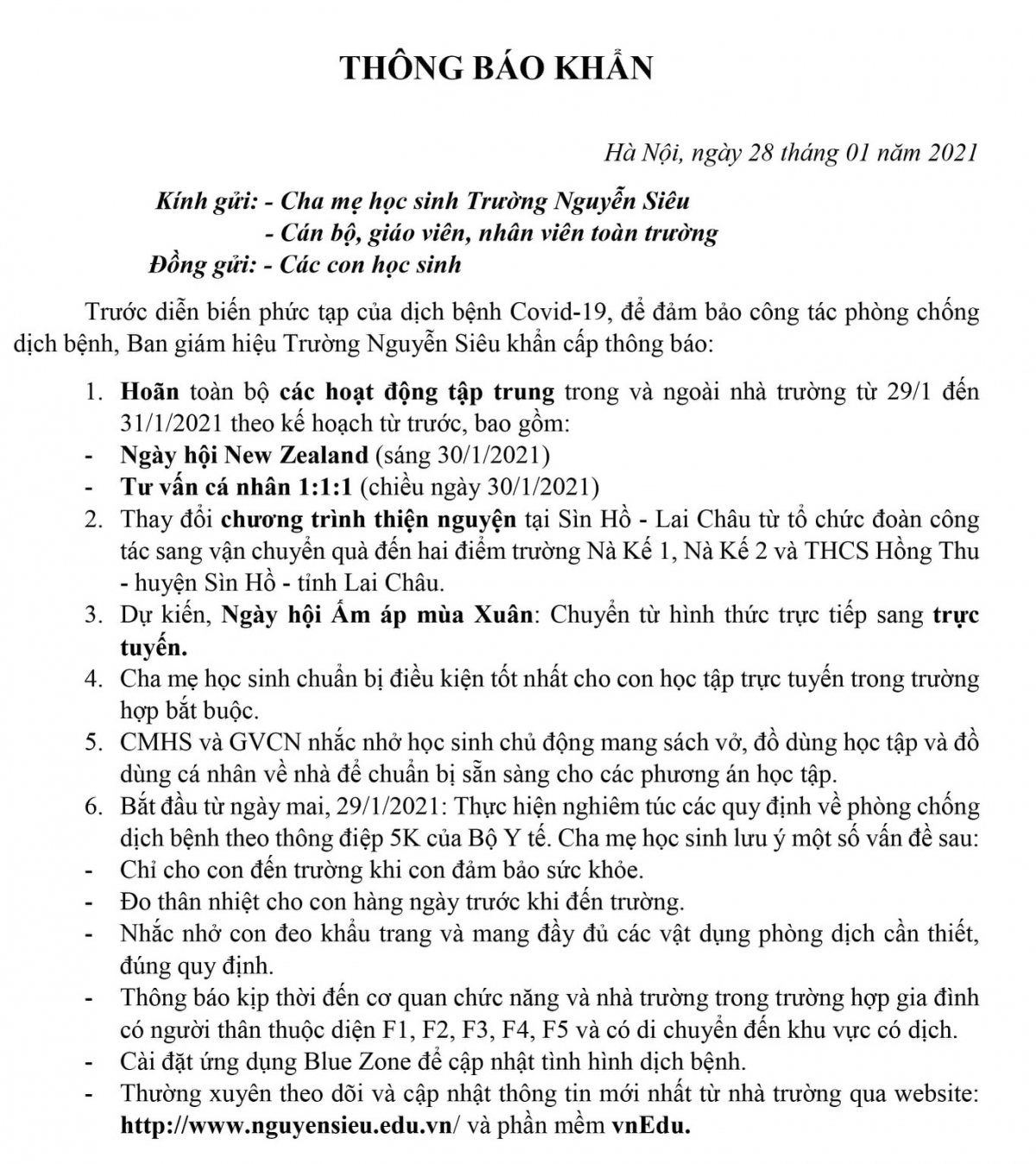 Thông báo khẩn của trường Nguyễn Siêu