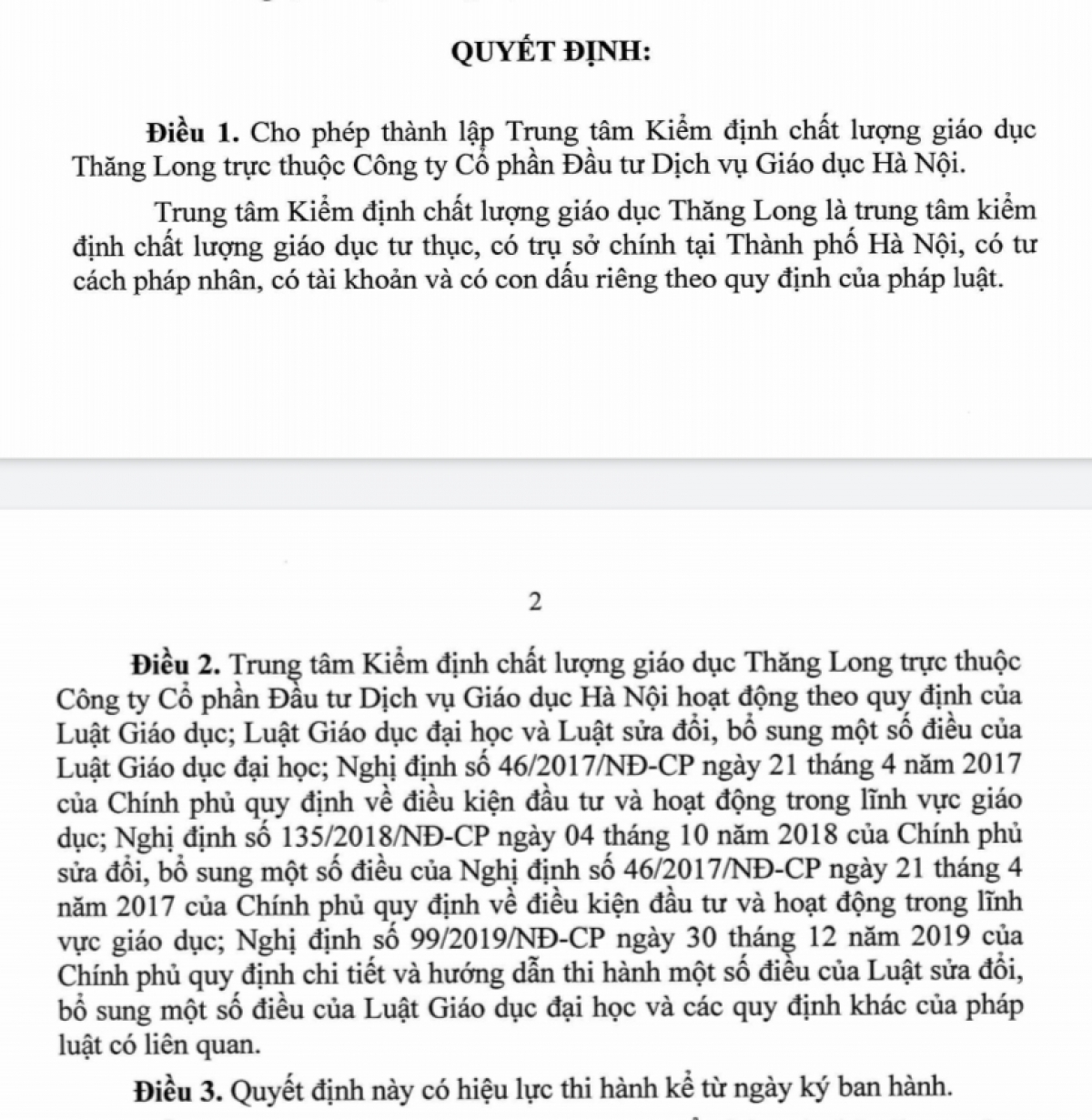 Quyết định của Bộ GD&ĐT cho phép thành lập Trung tâm Kiểm định chất lượng giáo dục Thăng Long trực thuộc công ty Cổ phần đầu tư Giáo dục Hà Nội