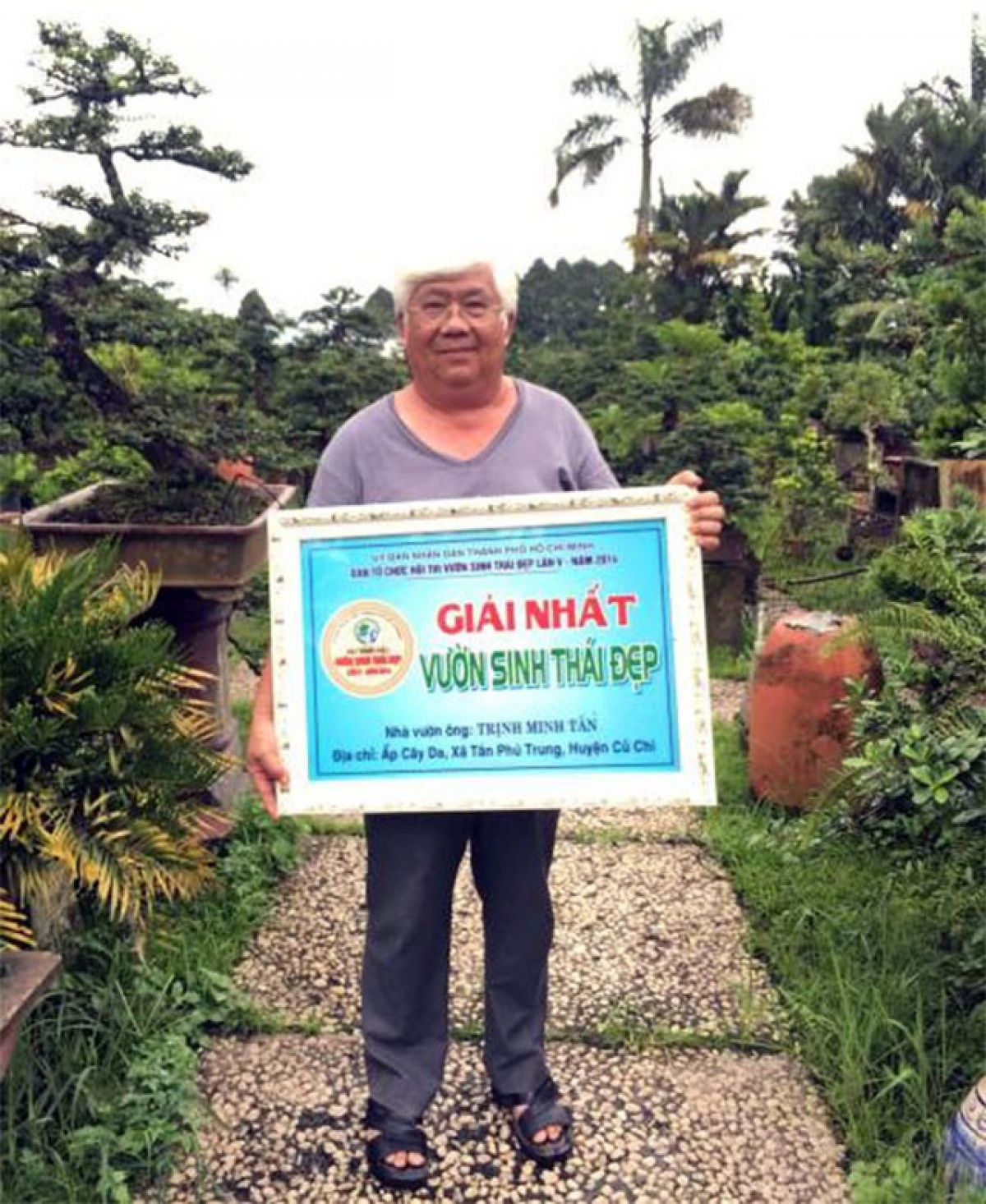 Vườn cây cảnh của ông Trịnh Minh Tân đã đoạt giải nhất “Vườn sinh thái đẹp” trong Hội thi Vườn sinh thái đẹp do UBND TP.HCM tổ chức