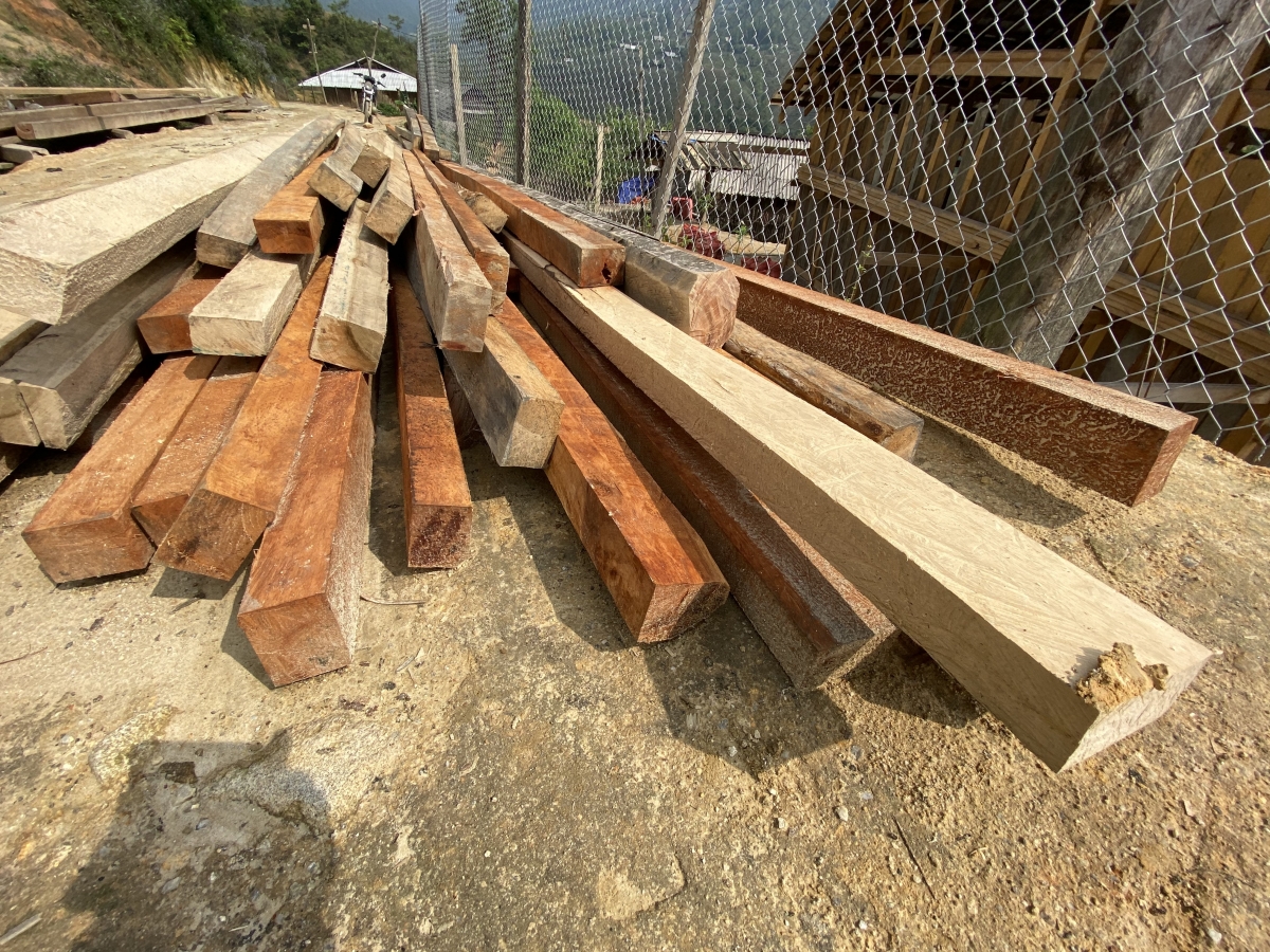 Gỗ xẻ xong nằm, vứt ngay ngoài sân mà không sợ lực lượng chức năng hỏi nguồn gốc
(Ảnh: Nhóm phóng viên)