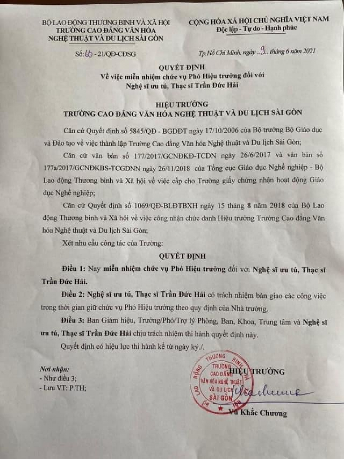Văn bản miễn nhiệm chức vụ Phó hiệu trưởng Trường CĐ Văn hóa nghệ thuật và Du lịch Sài Gòn đối với nghệ sĩ Đức Hải