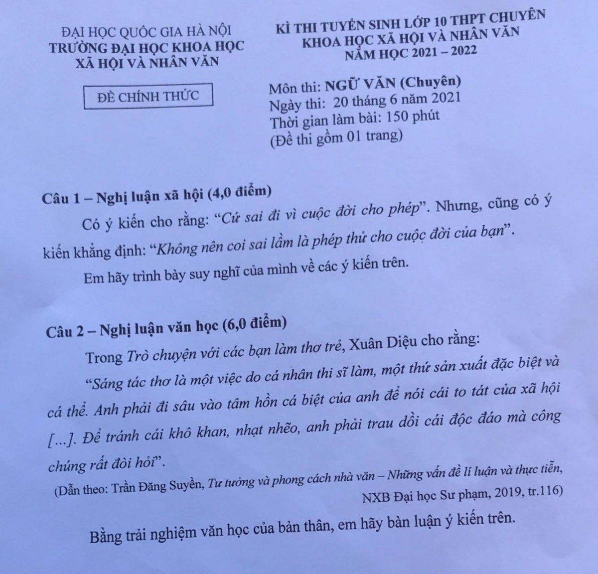 Đề thi môn Ngữ văn (chuyên), Kỳ thi tuyển sinh vào lớp 10 trường THPT chuyên KHXH-NV năm 2021