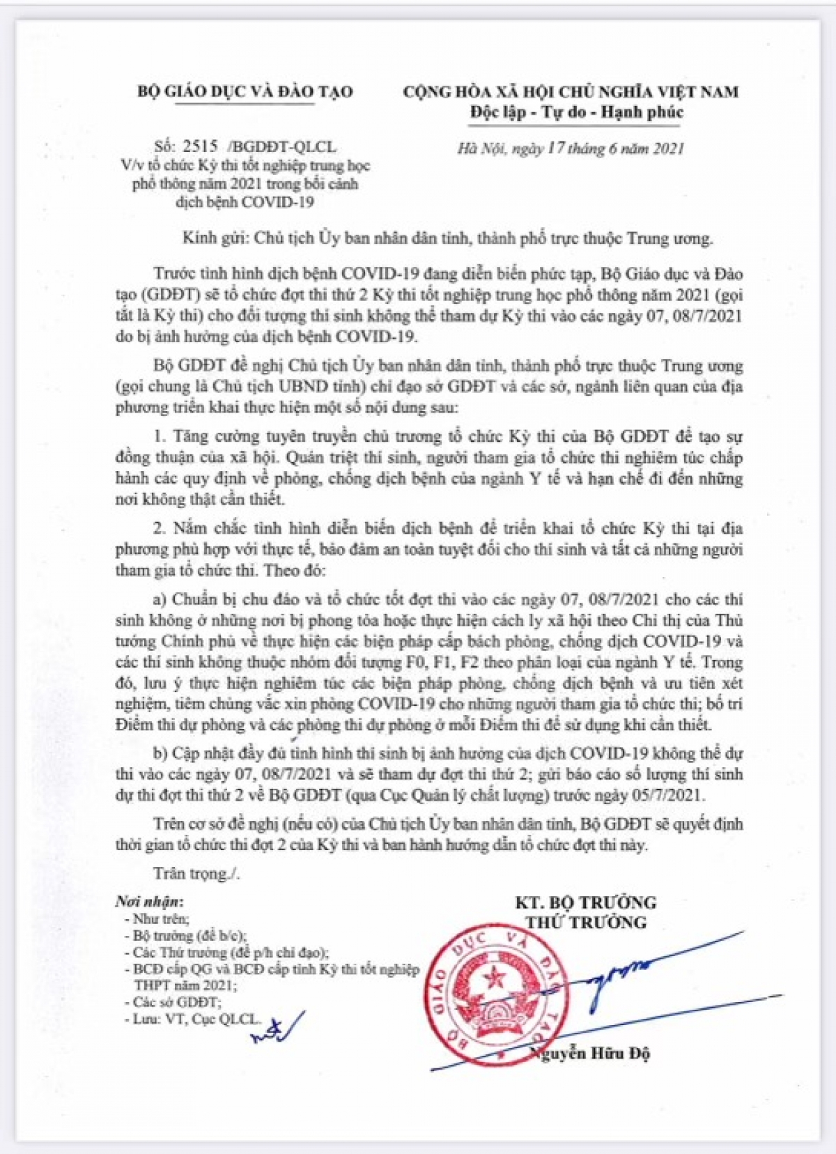 Công văn của Bộ GD-ĐT gửi UBND các tỉnh, thành phố về việc tổ chức Kỳ thi tốt nghiệp THPT năm 2021 trong bối cảnh dịch bệnh Covid-19