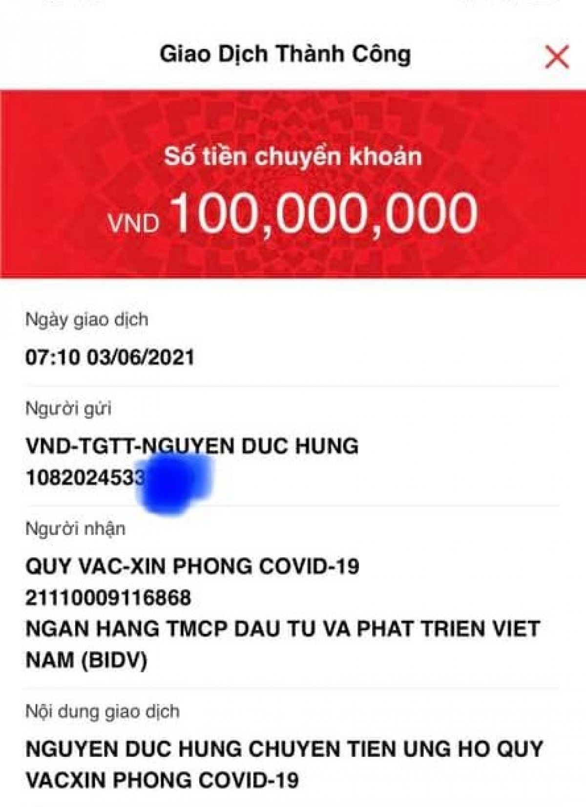 100 triệu đã được chuyển vào quỹ vắc xin phòng Covid -19 trong ngày sinh nhật con trai anh Đức Hùng