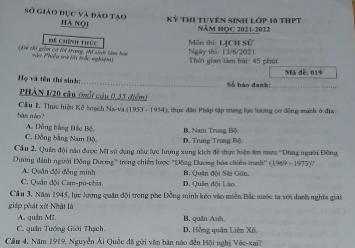 Đề thi môn Lịch sử Kỳ thi tuyển sinh vào lớp 10 THPT Hà Nội được nhận định vừa sức, thí sinh có thể đạt điểm cao.
