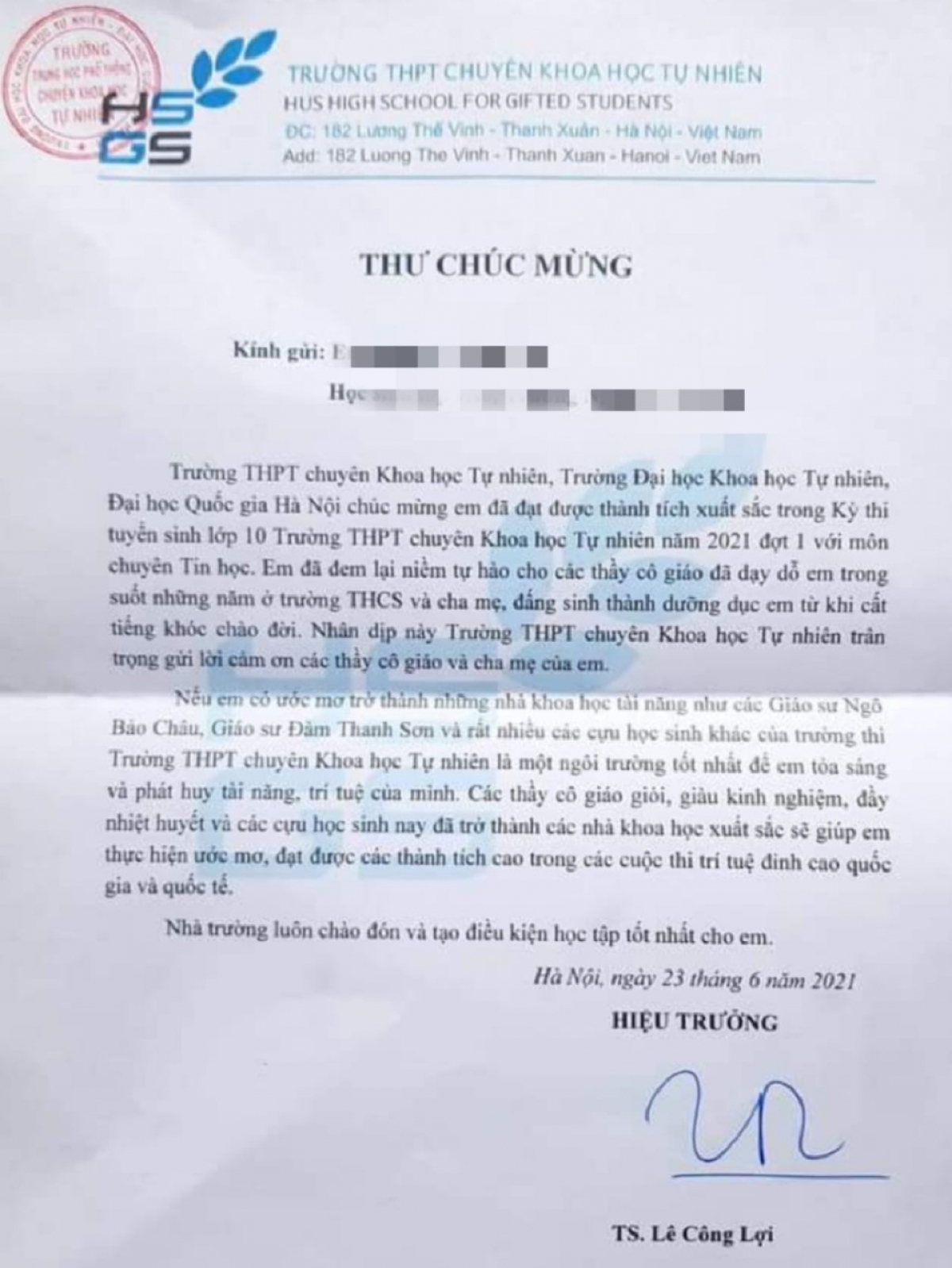Thư chúc mừng của Hiệu trưởng trường THPT Chuyên Khoa học Tự nhiên (Đại học Khoa học Tự nhiên, ĐHQG Hà Nội) gửi tới các thí sinh đã trúng tuyển vào trường năm 2021