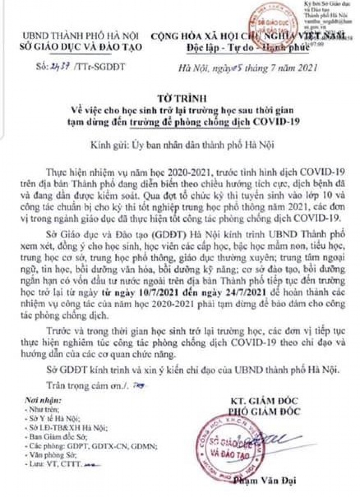Tờ trình của Sở GD-ĐT TP. Hà Nội về việc cho học sinh trở lại trường học từ ngày 10/07