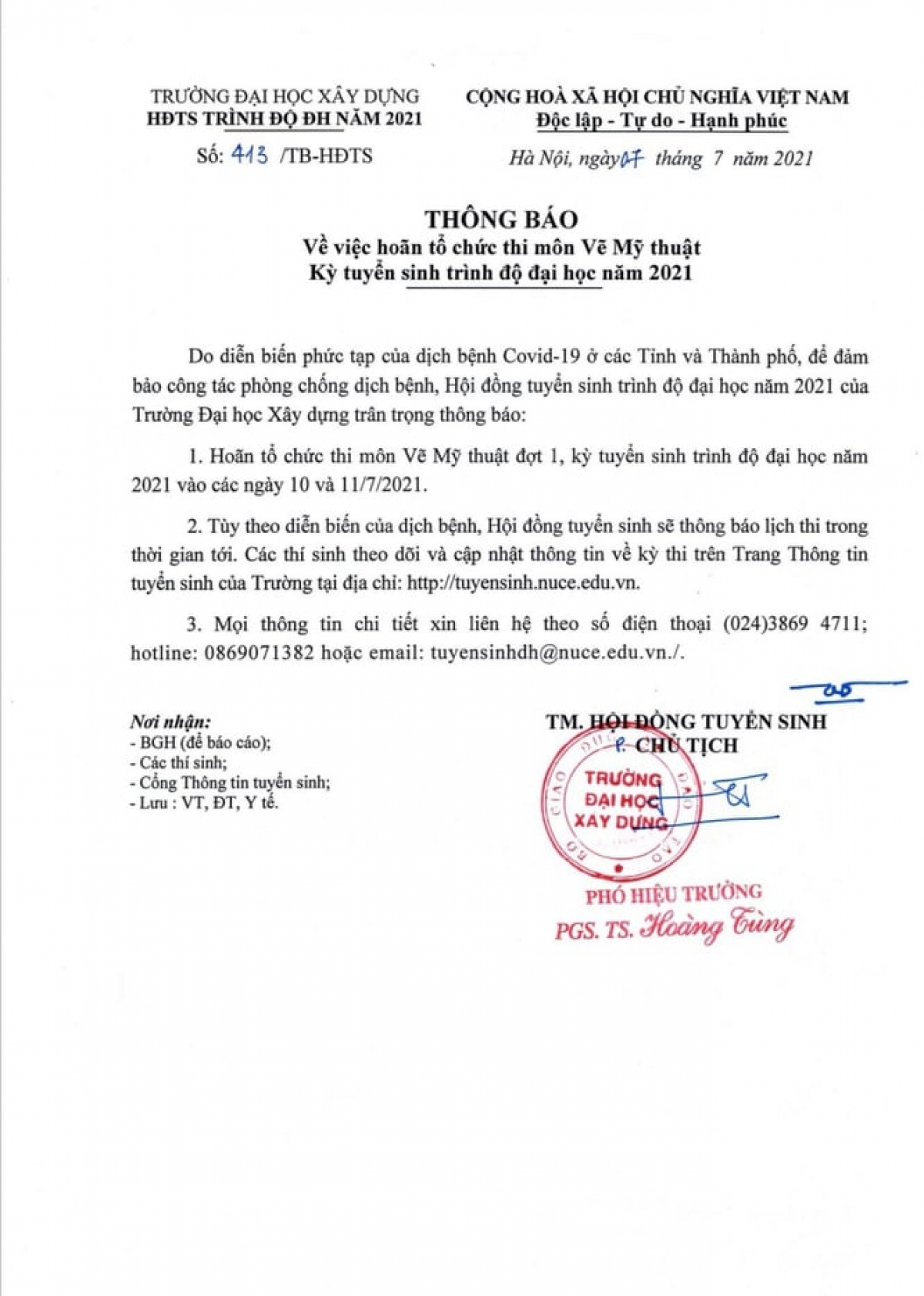 Thông báo của trường Đại học xây dựng do PGS TS Hoàng Tùng ký