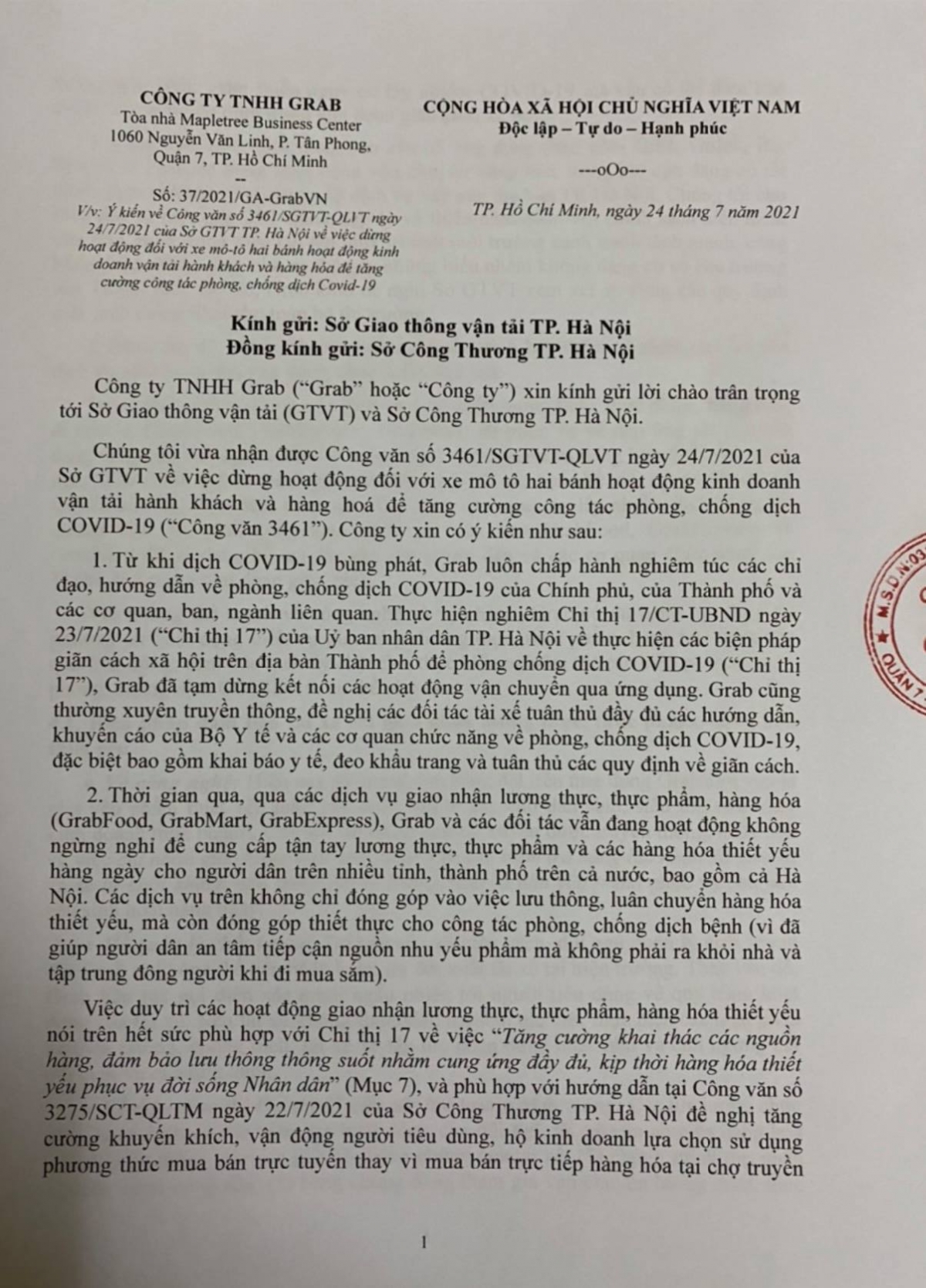 Văn bản của Grab gửi Sở Giao thông Vận tải và Sở Công thương Hà Nội.