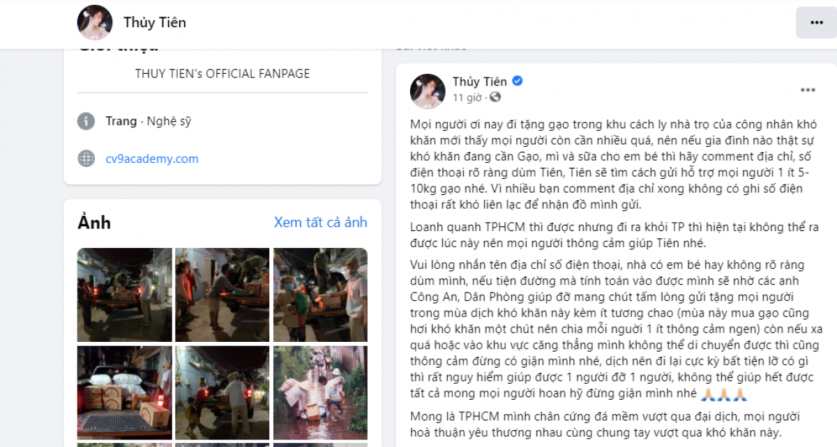 Dòng trạng thái trên trang cá nhân ca sĩ Thủy Tiên kêu gọi ủng hộ người nghèo TP. HCM