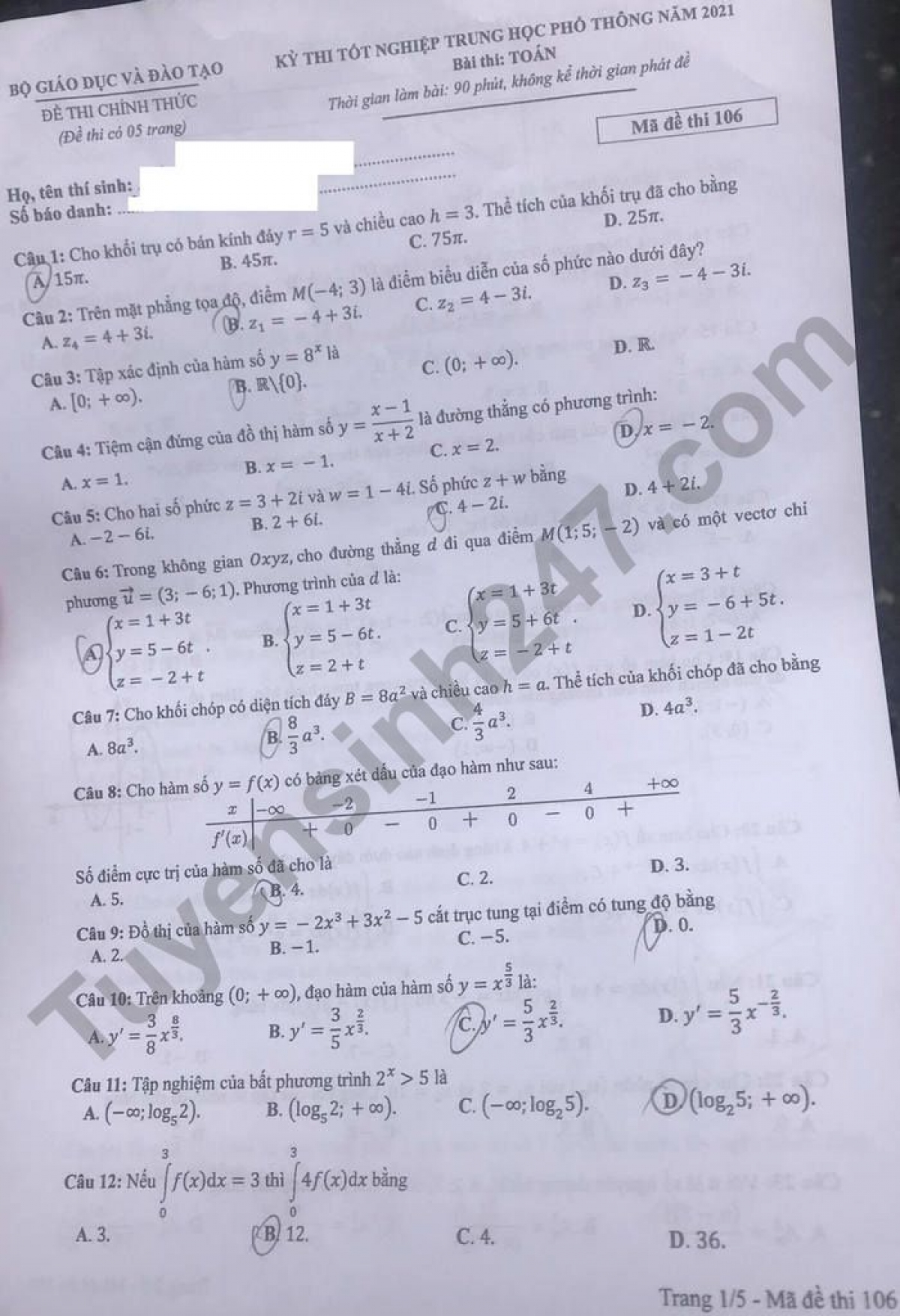 Trang 1 mã đề 106 chụp lại của các thí sinh sau buổi thi