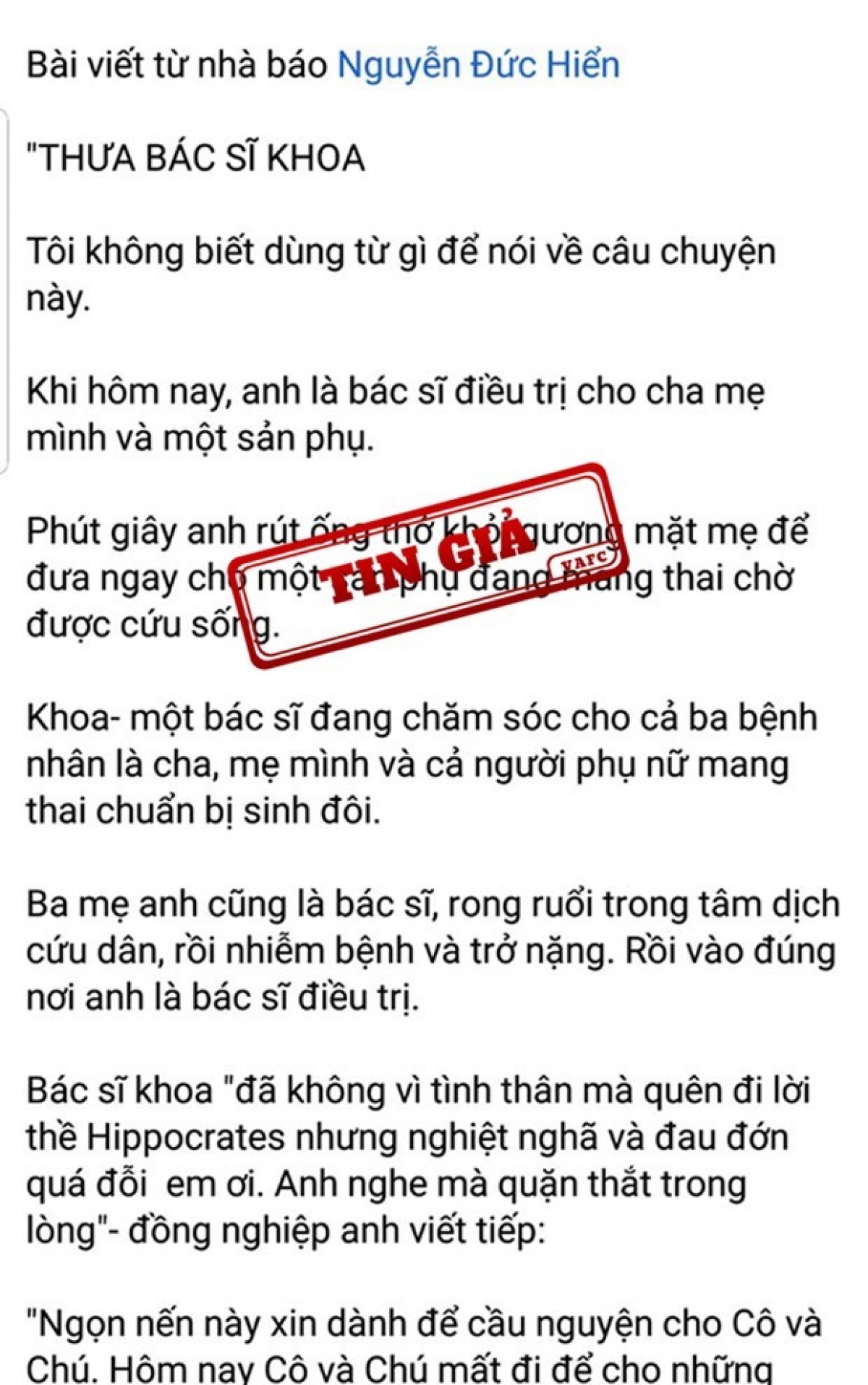Một bài viết đăng trên mạng xã hội về BS Khoa ngày hôm qua