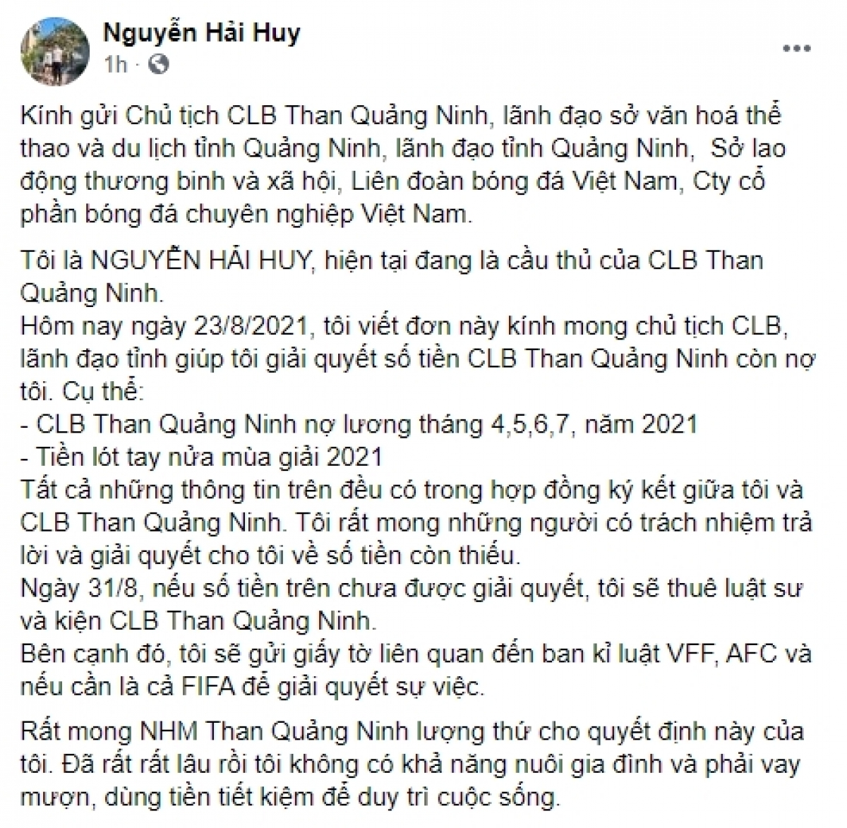 Tâm thư của Hải Huy được viết trên trang facebook cá nhân
