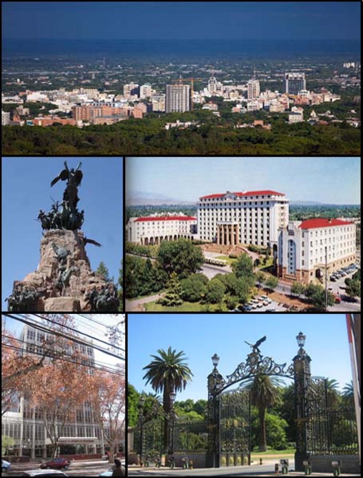 Từ trên xuống dưới, trái qua phải: Cảnh Mendoza từ Cerro de la Gloria; Tượng đài quân đội Army of the Andes; Trên đỉnh Cerro de la Gloria; Tòa nhà hành chính tỉnh; Tòa nhà tư pháp tỉnh và lối vào Parque San Martín.