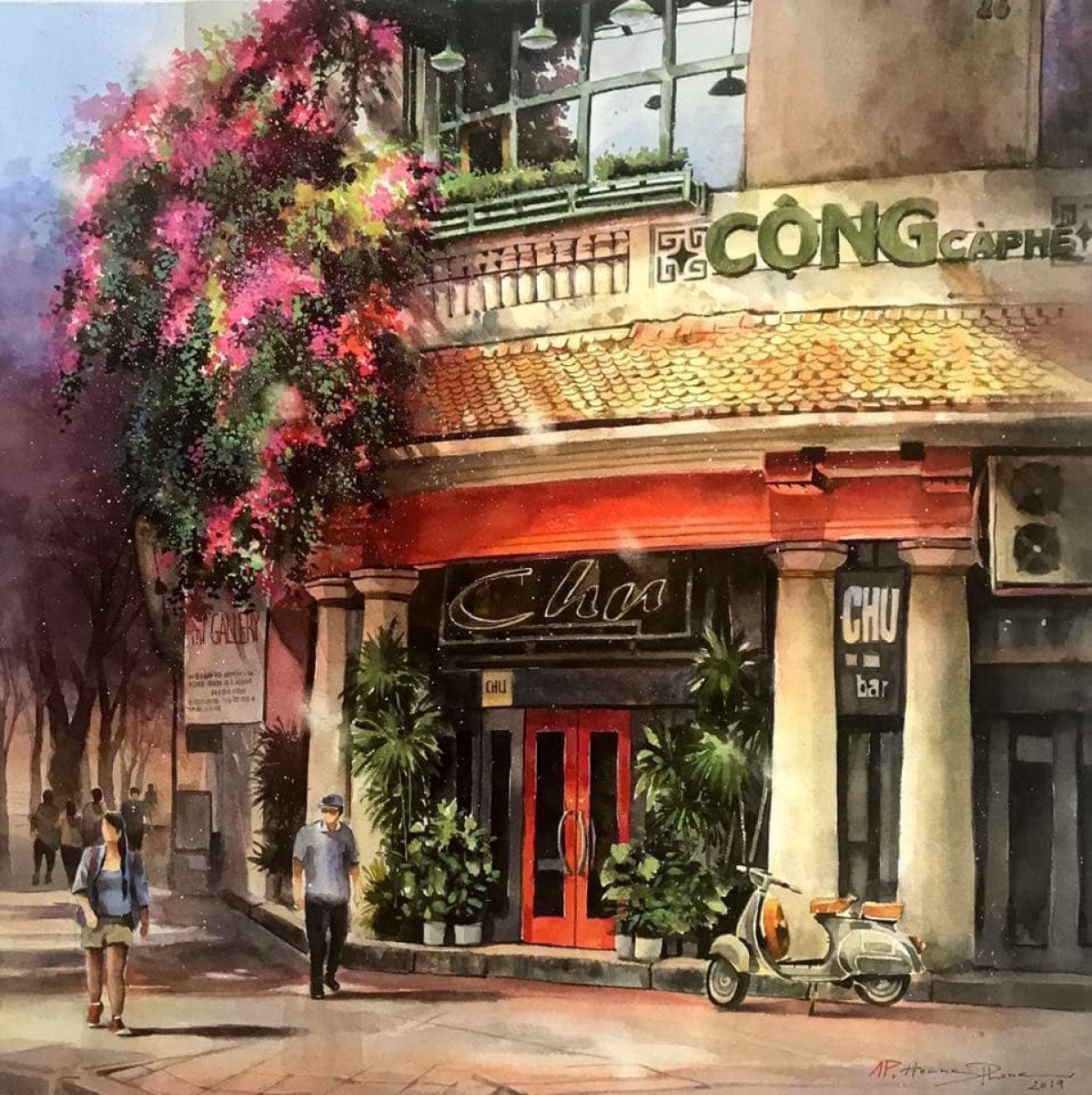 Một góc cafe Cộng với chùm hoa giấy dễ nhận biết
 
