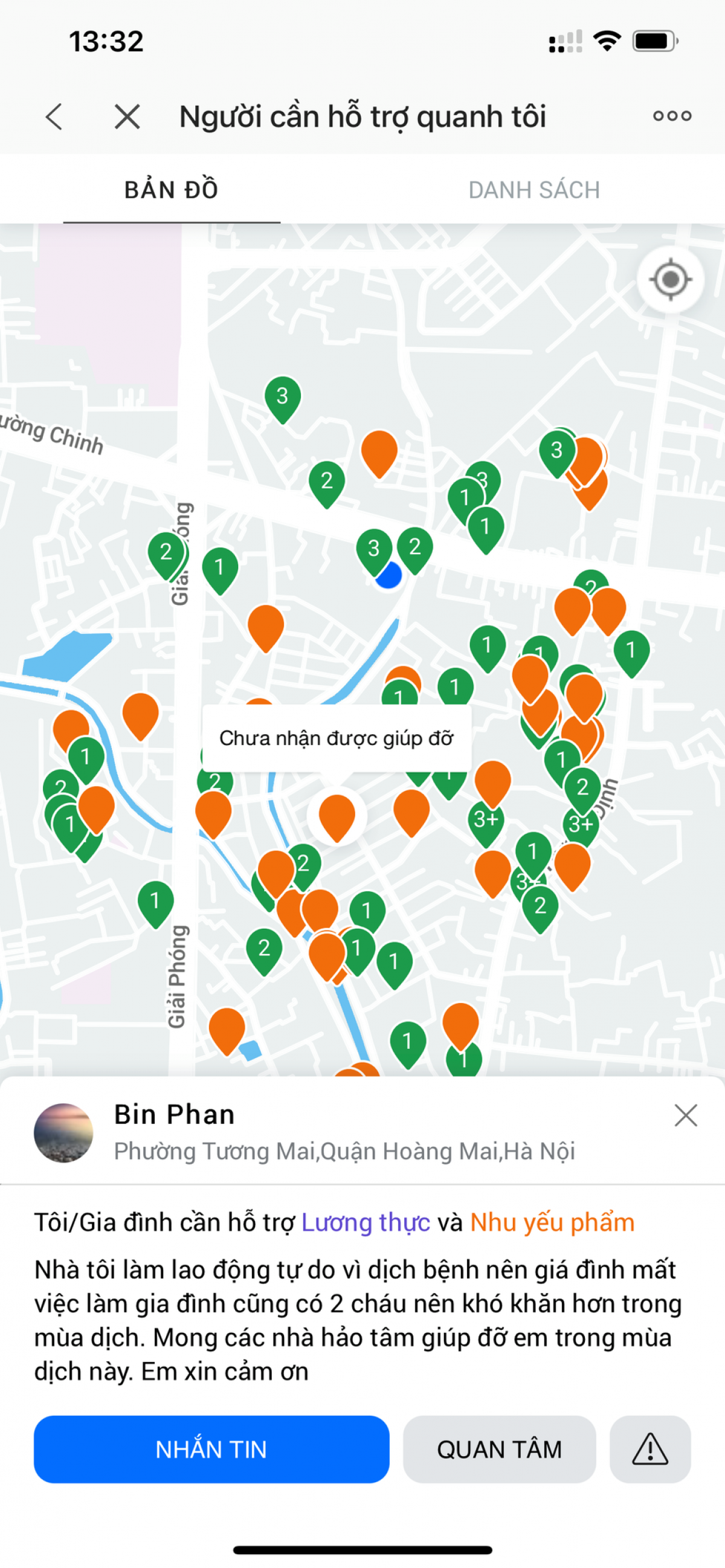 Những chấm vàng là địa chỉ cần trợ giúp, còn những chấm xanh là địa chỉ đã nhận được sự trợ giúp