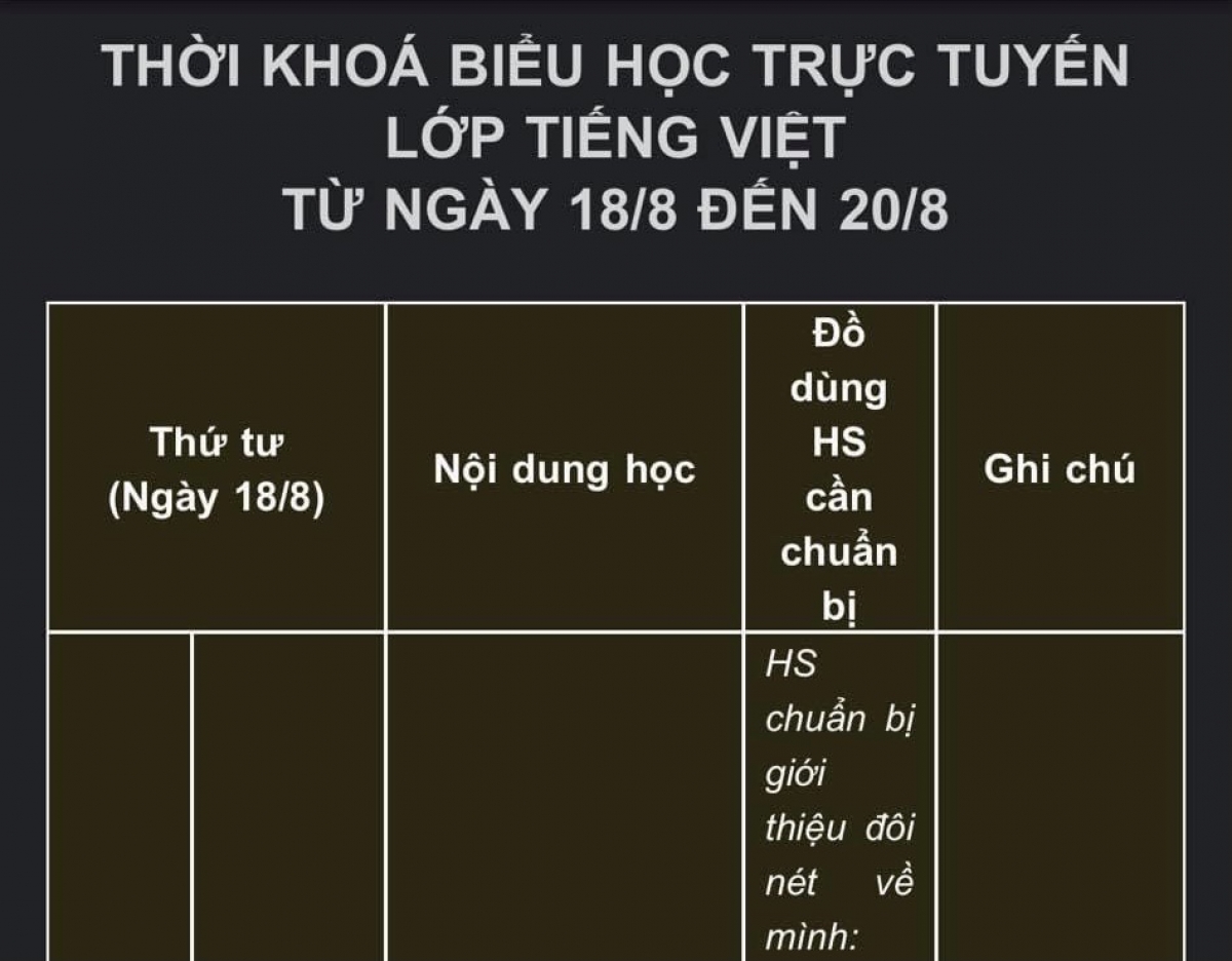Hình ảnh thời khóa biểu trực tuyến phụ huynh trường "Quốc tế" ở Nha Trang đưa lên mạng để phản đối chính sách thu học phí