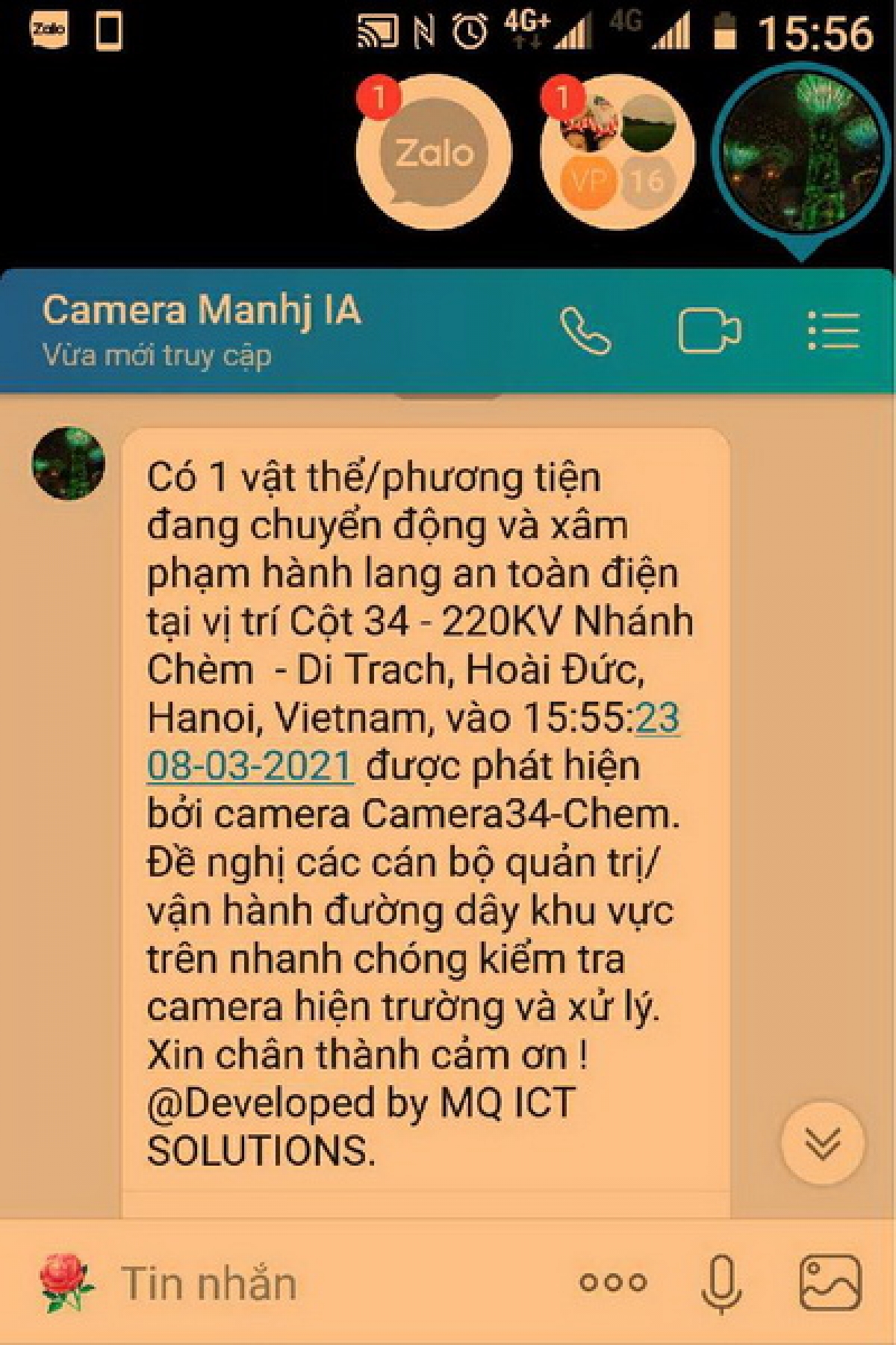 Hệ thống AI cảnh báo tự động đến điện thoại của lực lượng quản lý vận hành (Nguồn: PTC1)