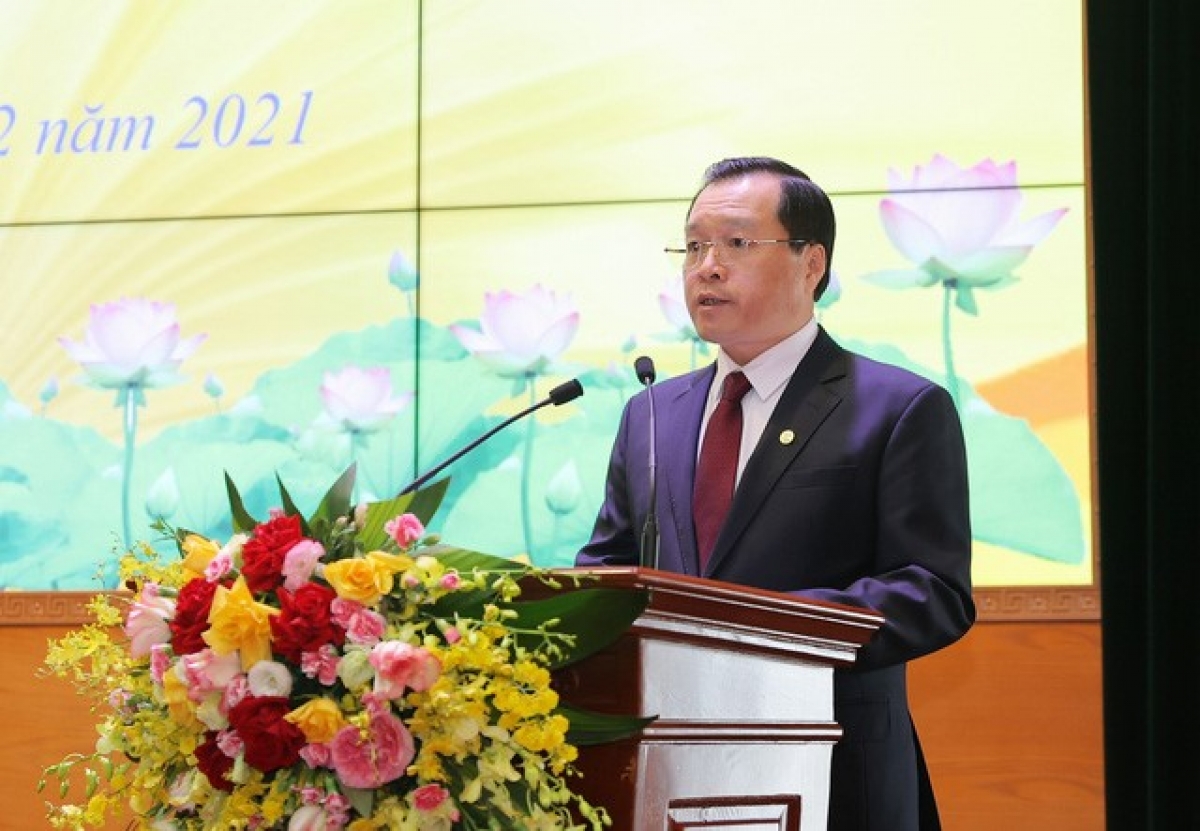 Ông Phạm Quốc Hùng - Vụ trưởng Vụ Thư viện, Bộ VHTT&DL phát biểu tại lễ trao giải thưởng Phát triển văn hóa đọc năm 2021