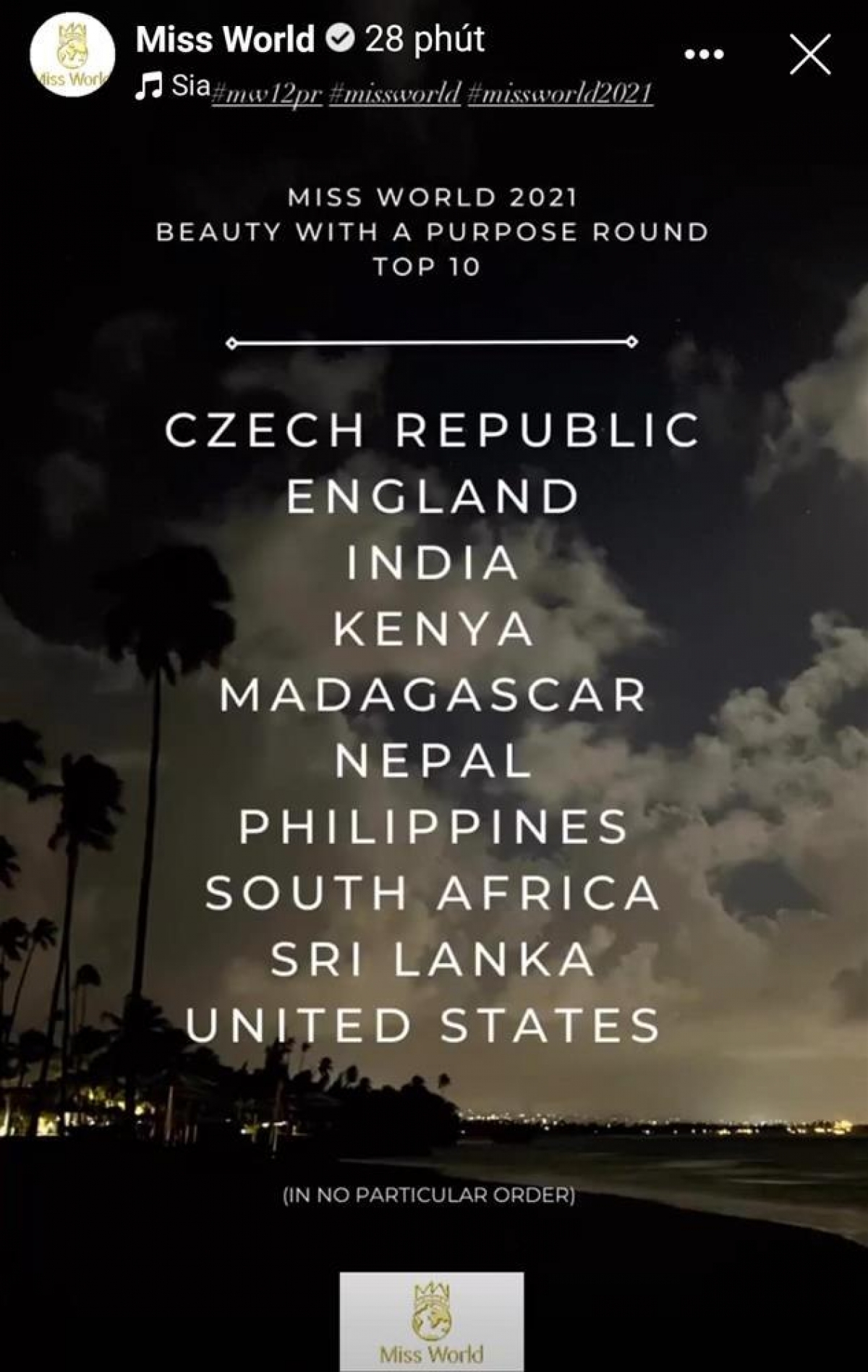 Top 10 Hoa hậu Nhân ái thuộc về các người đẹp Séc, Anh, Ấn Độ, Kenya, Madagascar, Nepal, Philippines, Nam Phi, Sri Lanka và Mỹ. Ảnh: Fanpage Miss World