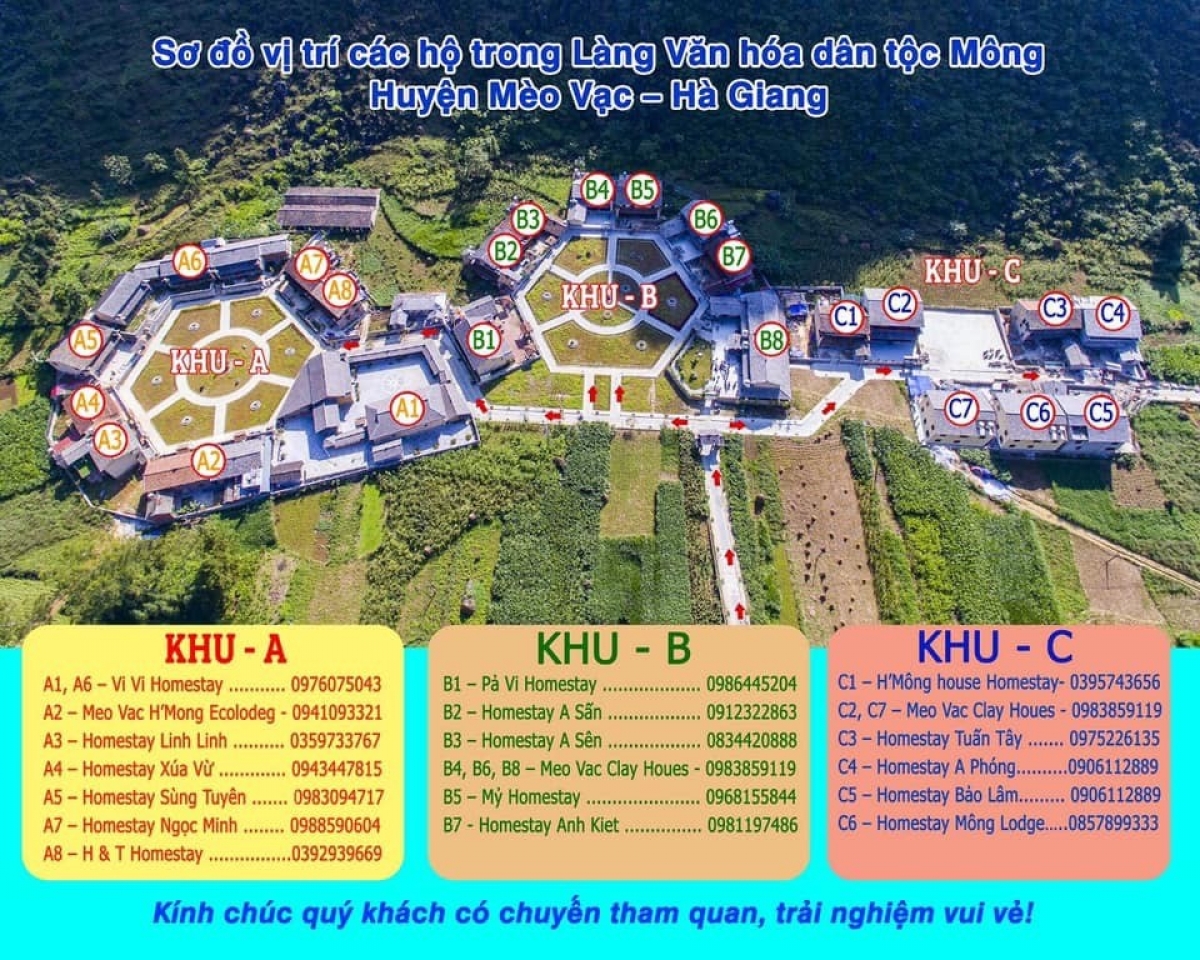 Sơ đồ và số điện thoại của từng homestay của làng