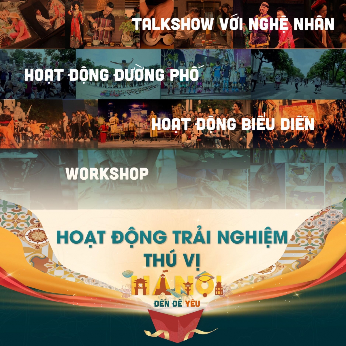 Du khách có cơ hội tham gia nhiều workshop thú vị: Thưởng thức hương vị cafe, làm Tranh ghép vải, làm Tò he, thêu tay, làm giấy dó, trải nghiệm làm đồ chơi giấy cho trẻ em...