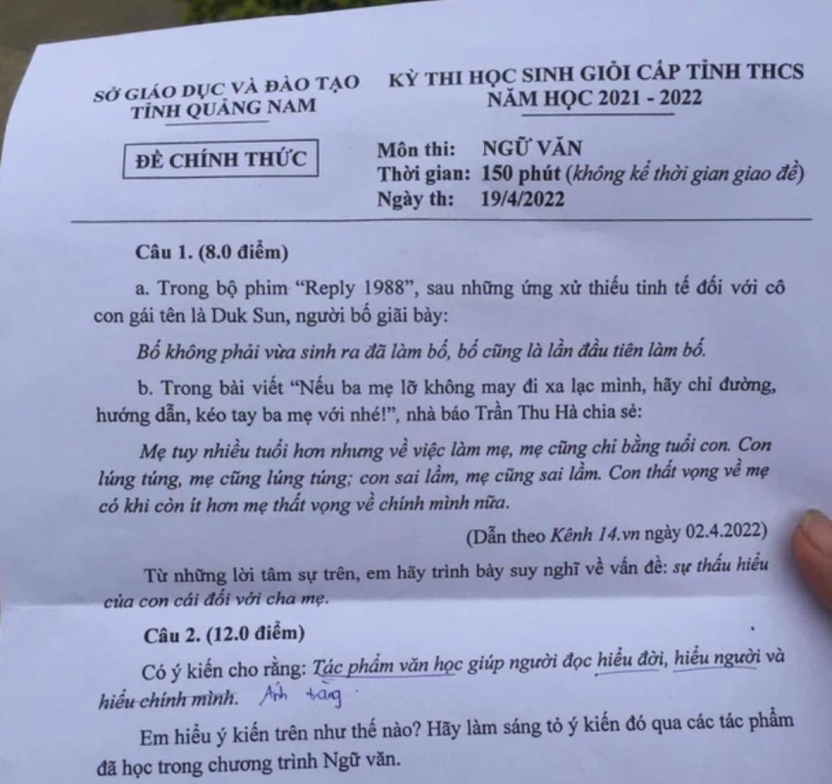 Đề thi học sinh giỏi Ngữ Văn của tình Quảng Nam