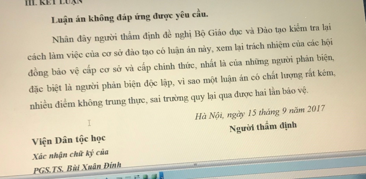 Năm 2017, PGS.TS Bùi Xuân Đính từng đánh giá một luận án tiến sĩ không đạt yêu cầu