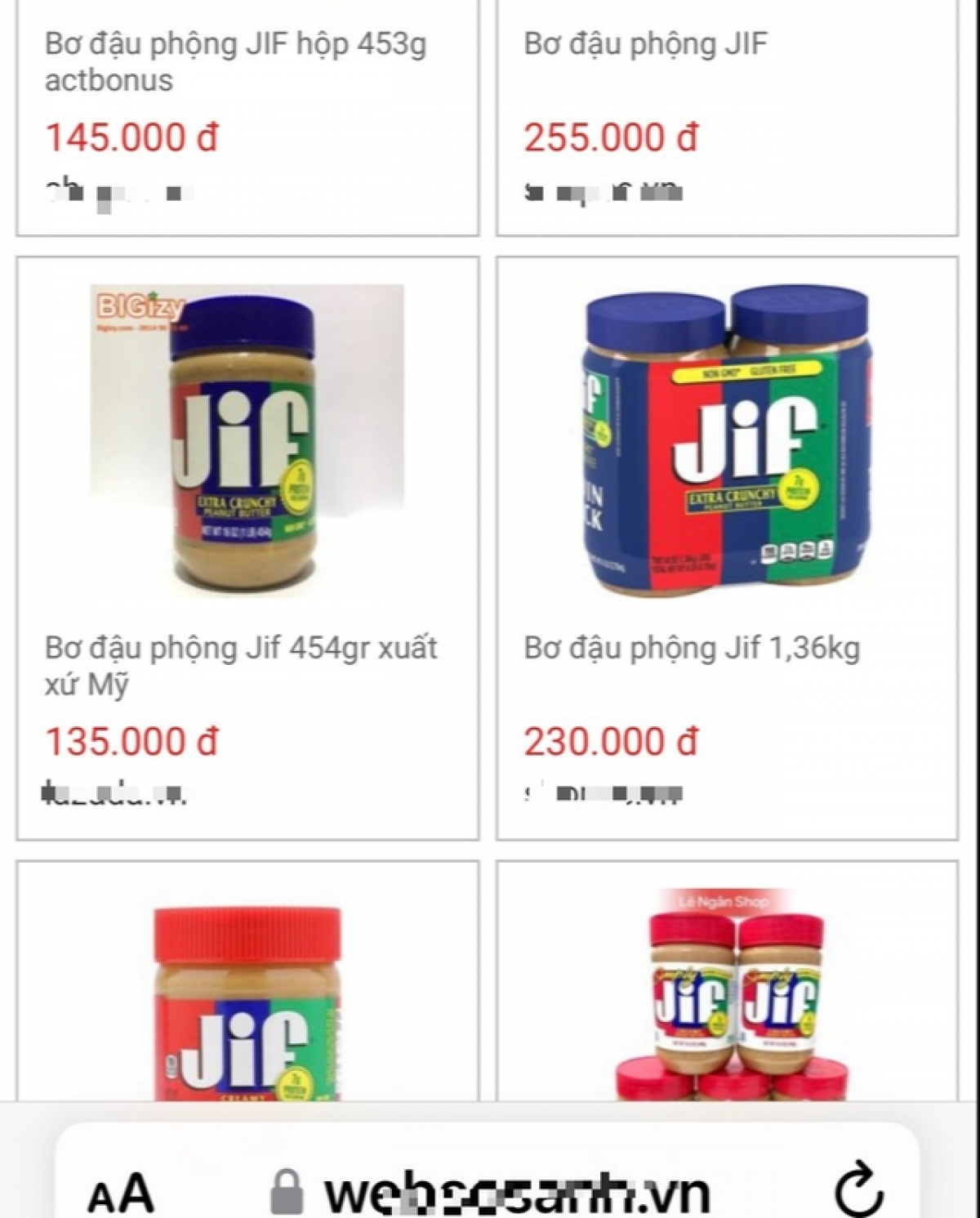 Ảnh chụp màn hình một trang web chỉ dẫn các trang bán sản phẩm bơ đậu phộng Jif.