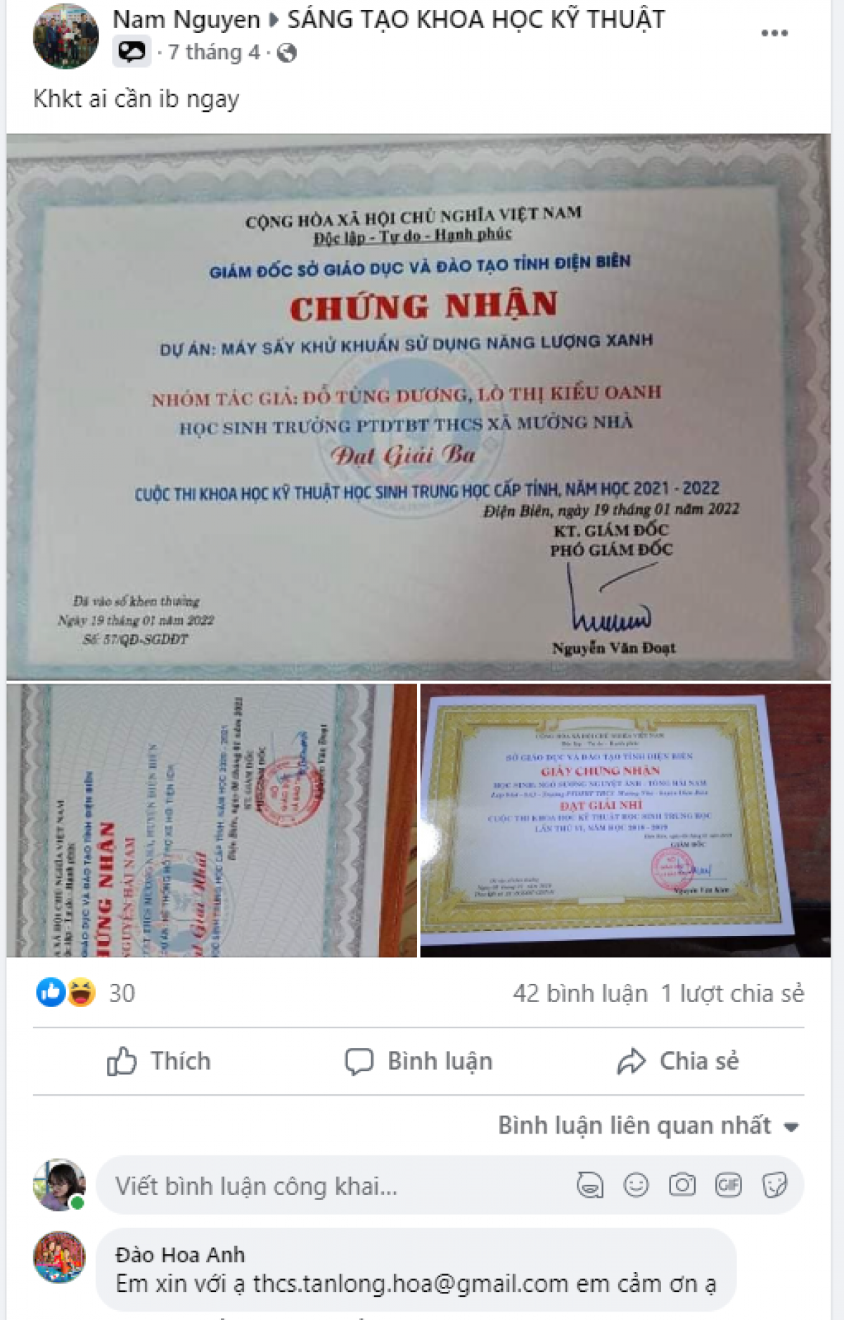 Sản phẩm đã đạt giải khoa học kỹ thuật được chụp đăng trên mạng