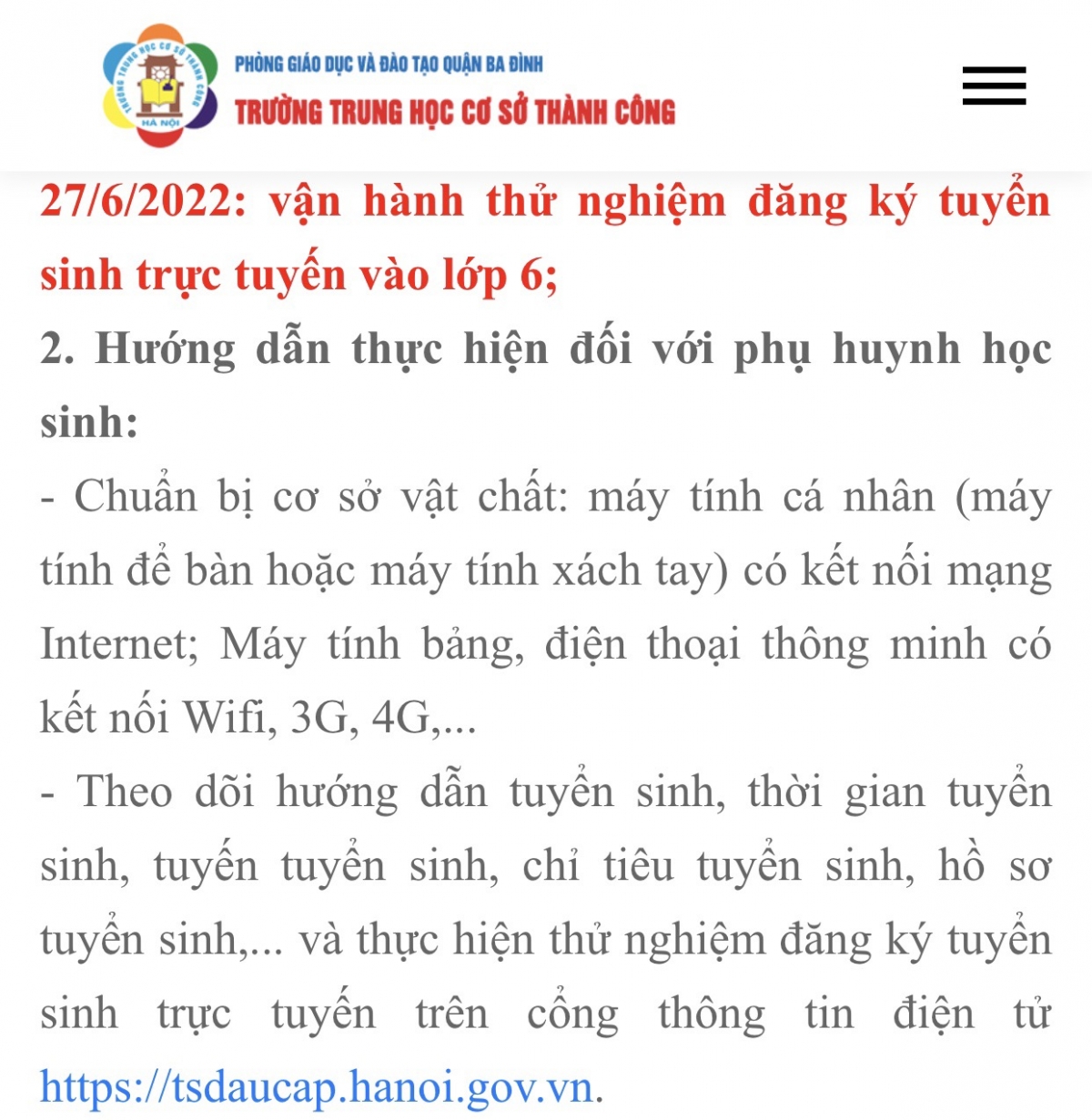 Các trường trên địa bàn thành phố đều đưa thông tin hướng dẫn cụ thể trên trang Web nhà trường