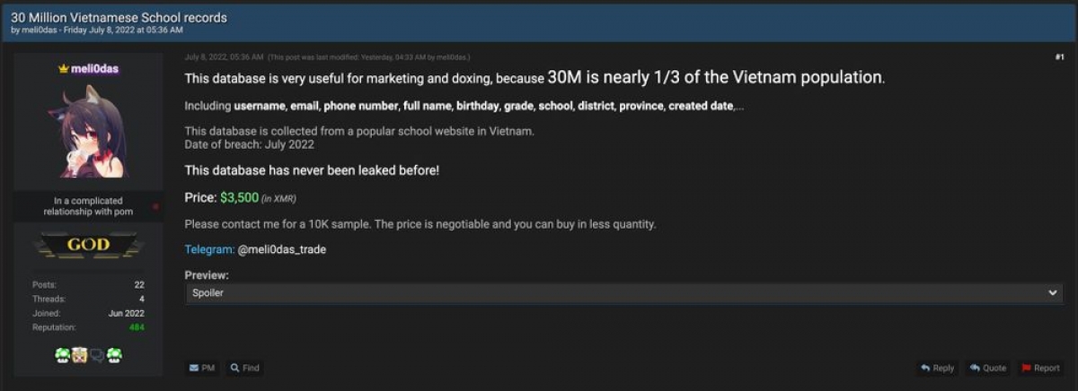 Hacker chào bán công khai trên diễn đàn chuyên rao bán dữ liệu.