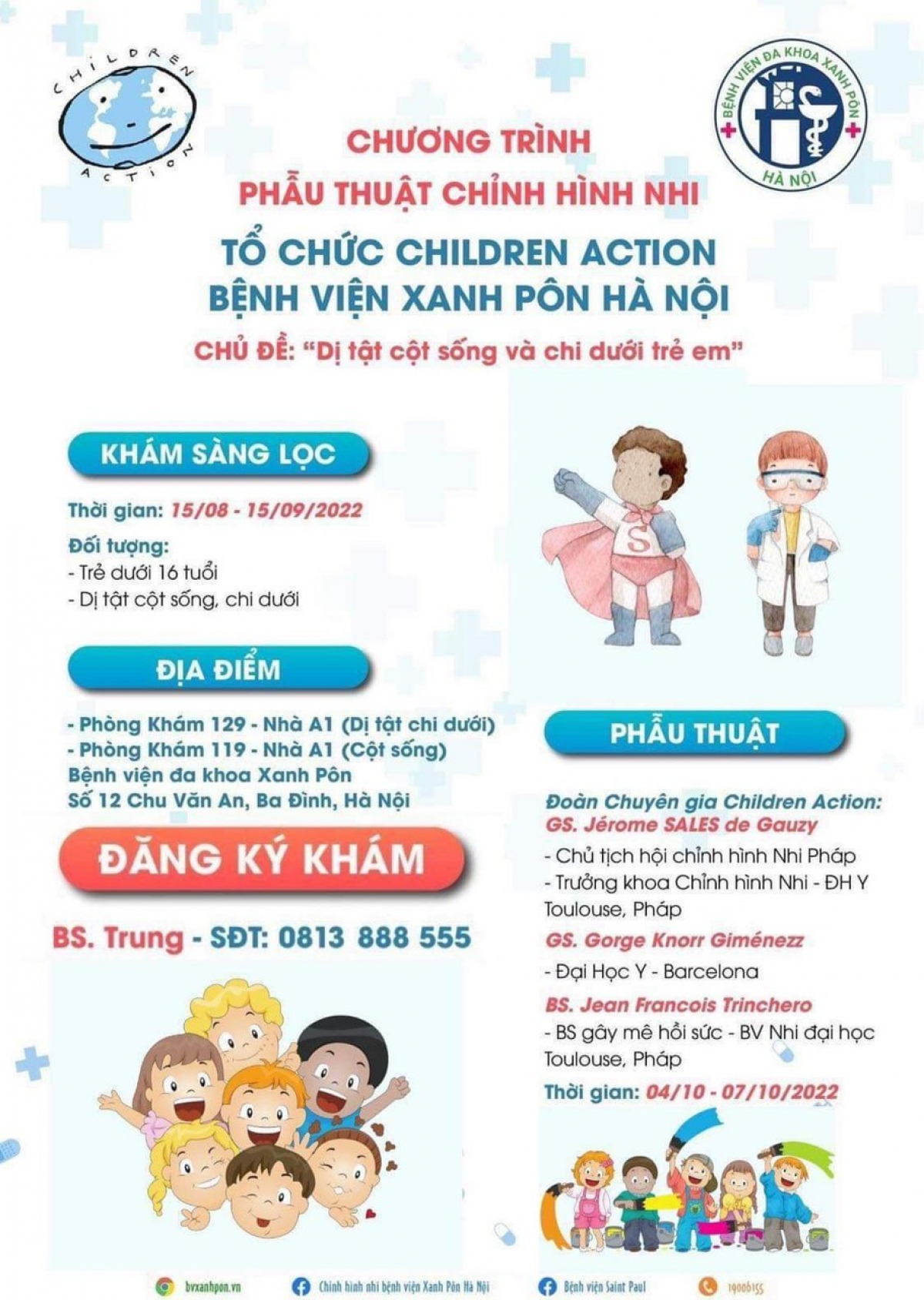 Chương trình khám sàng lọc và phẫu thuật cho trẻ dị tật cột sống và chi dưới.