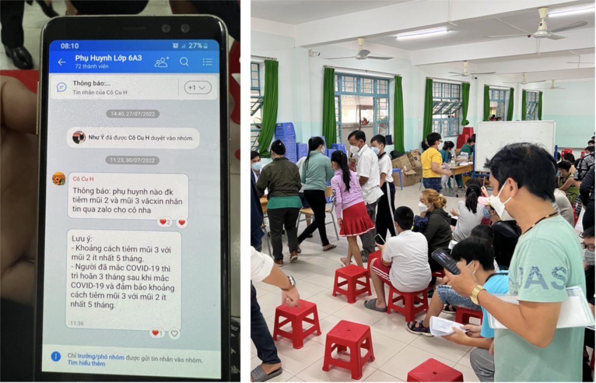 Phụ huynh nhận tin nhắn của cô chủ nhiệm và đưa con đến trường tiêm vaccine phòng COVID-19 ngày 1/8/2022.