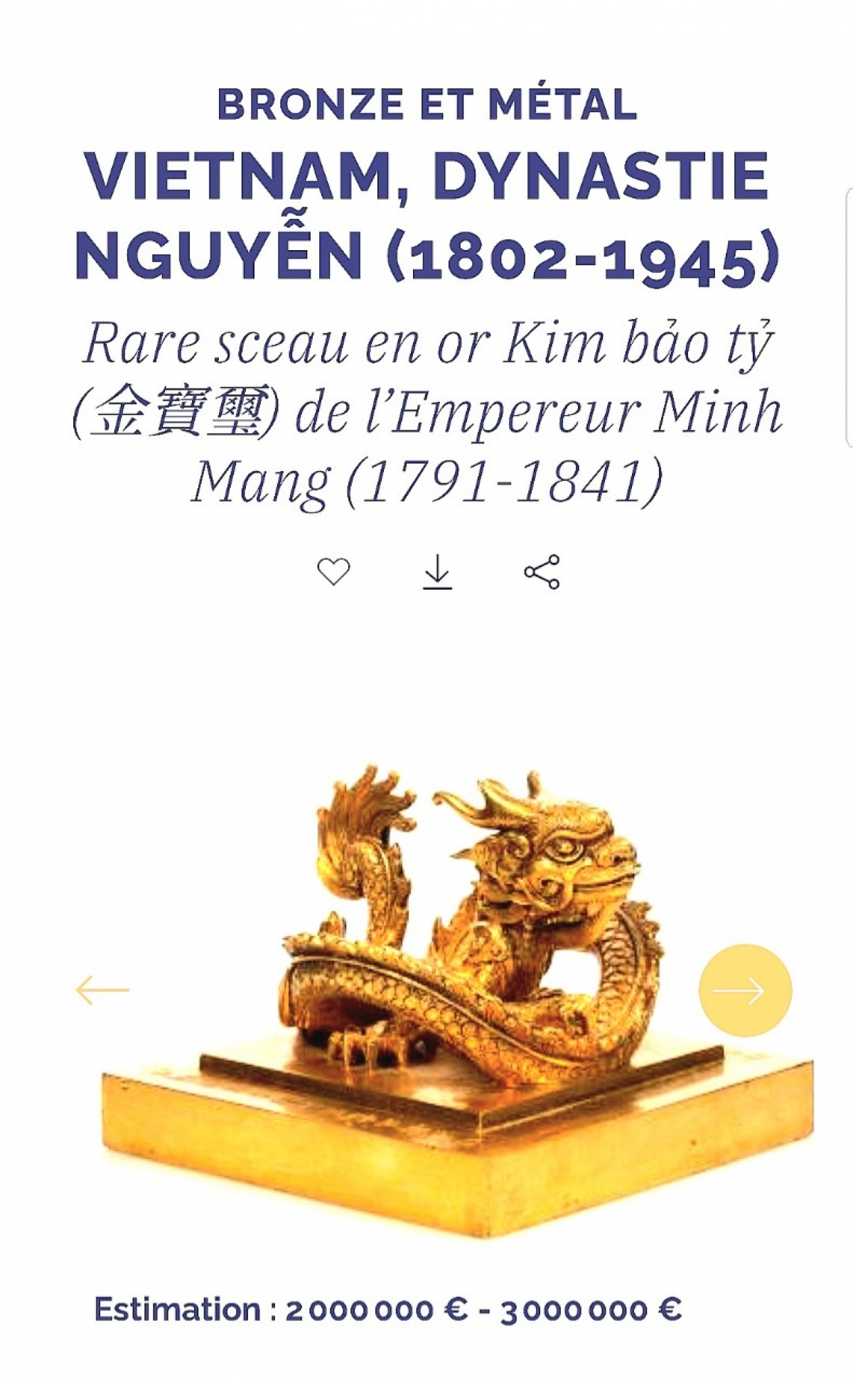 Thông tin về cổ vật được đăng tải trên MILLON.COM