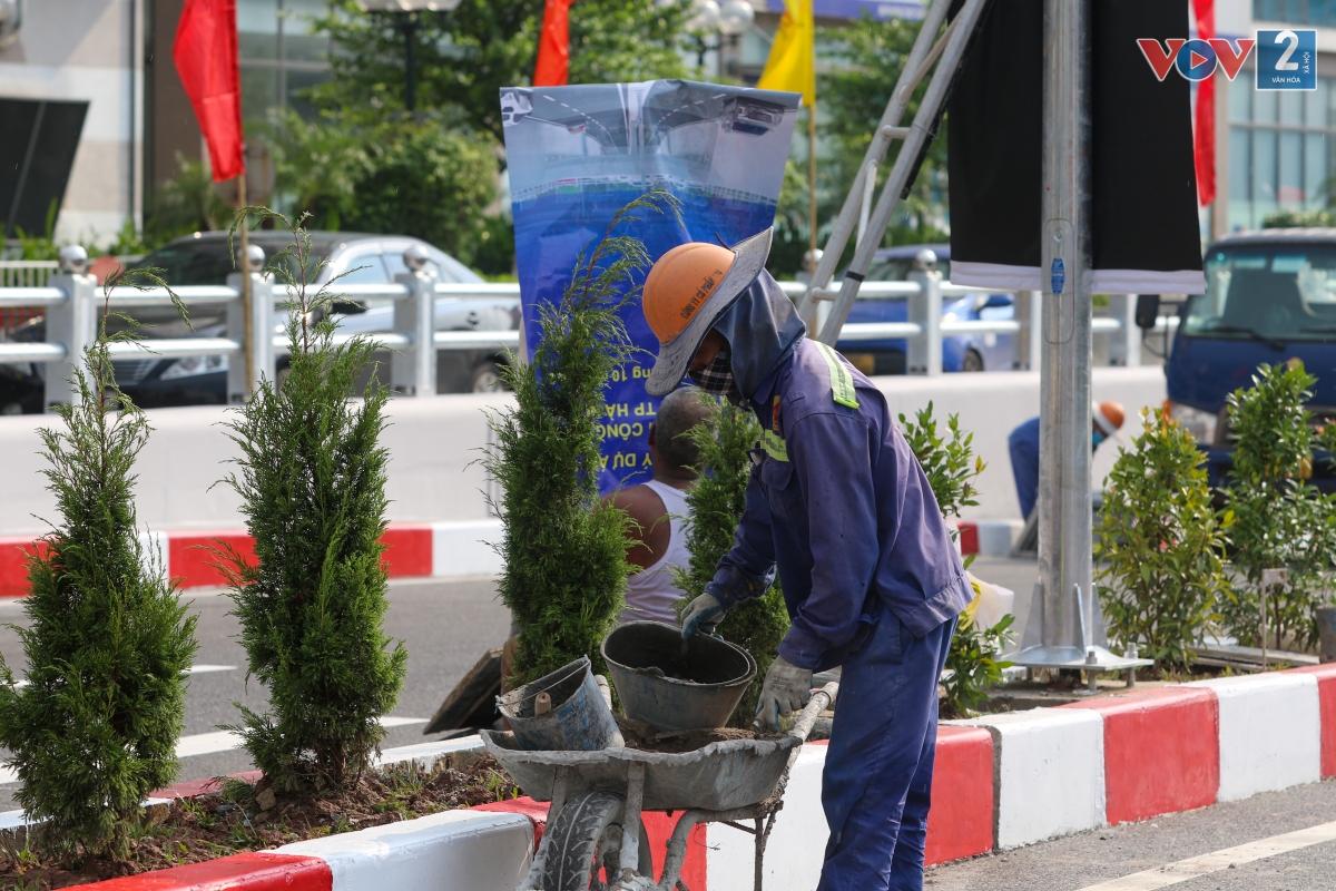 Dải phân cách giữa hầm chui được bố trí nhiều cây xanh.