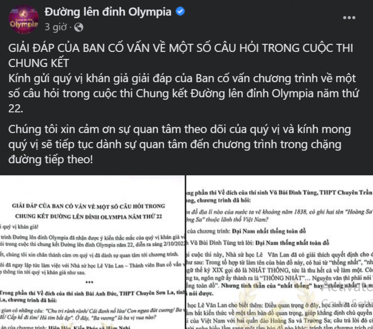 Phản hồi của Ban tổ chức cuộc thi Đường lên đỉnh Olympia về 2 câu hỏi Lịch sử trong buổi thi Chung kết ngày 2/10