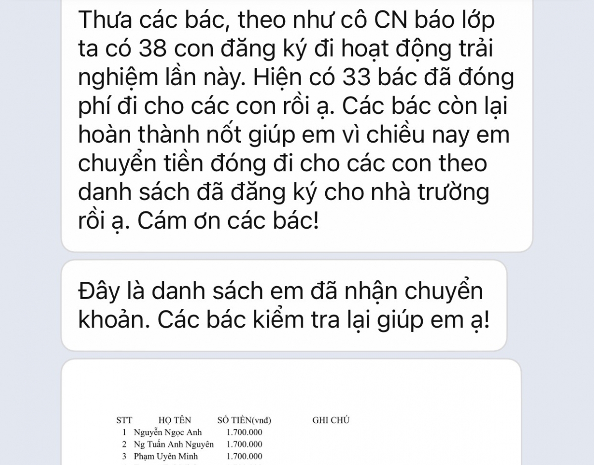 Một thông báo thu tiền tham quan trải nghiệm 2 ngày của học sinh THPT
