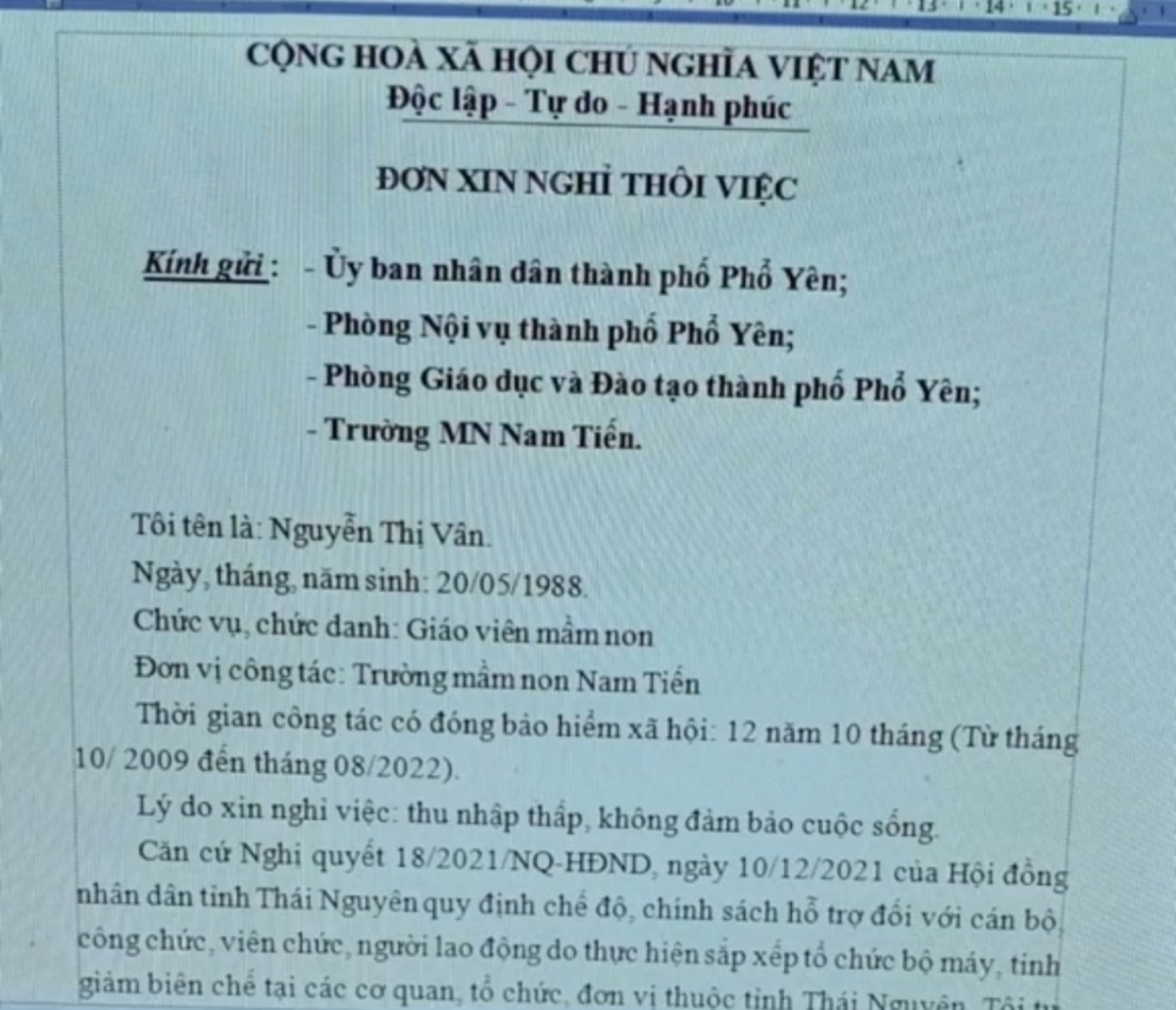 Lá đơn xin nghỉ việc của một giáo viên mầm non