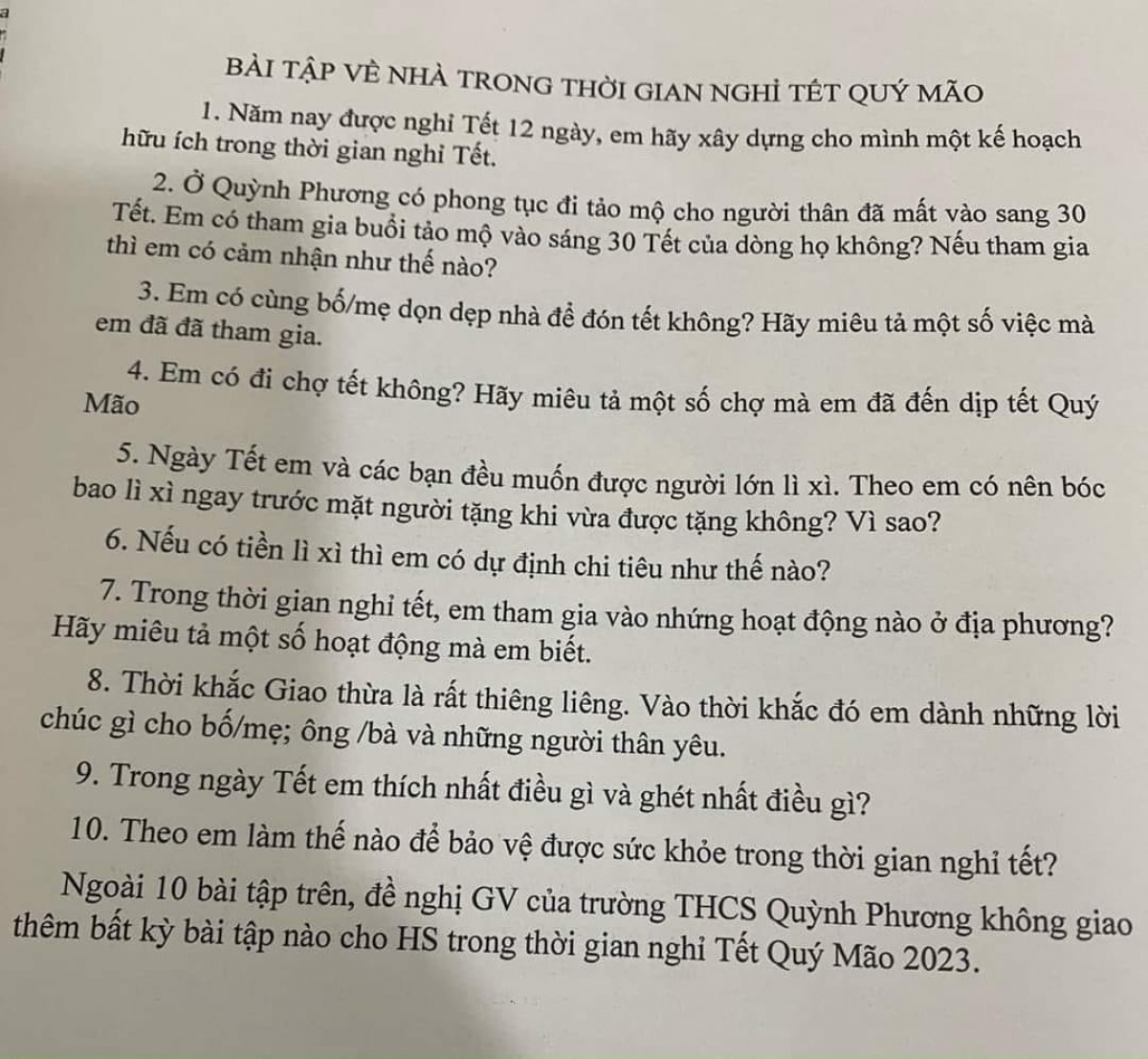 10 bài tập được Hiệu trưởng Trường THCS Quỳnh Phương (Quỳnh Mai, Nghệ An) Hồ Tuấn Anh dành cho học sinh dịp nghỉ Tết nguyên đán 2023.