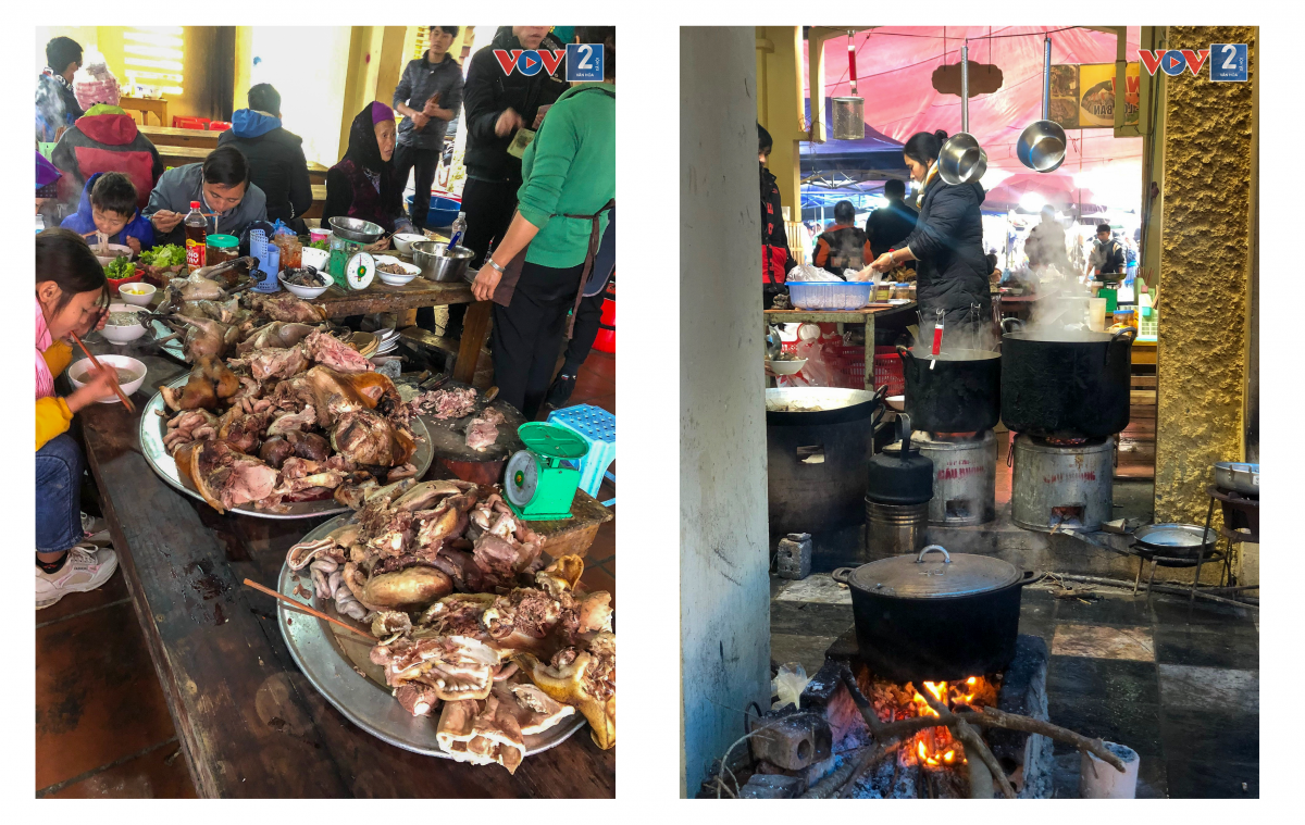 Khu vực ẩm thực đông vui, nhộn nhịp từ sáng sớm. Thịt lợn bản, lòng lợn, phở gà đen… là những món ăn rất được thực khách ưa chuộng