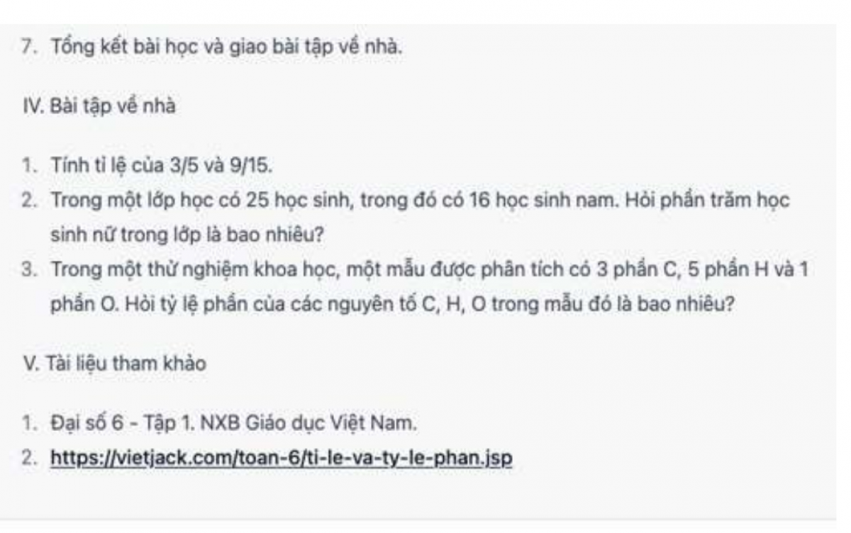 Giáo án dạy về tỷ lệ và tỷ lệ phần môn Toán lớp 6 do ChatGPT thực hiện