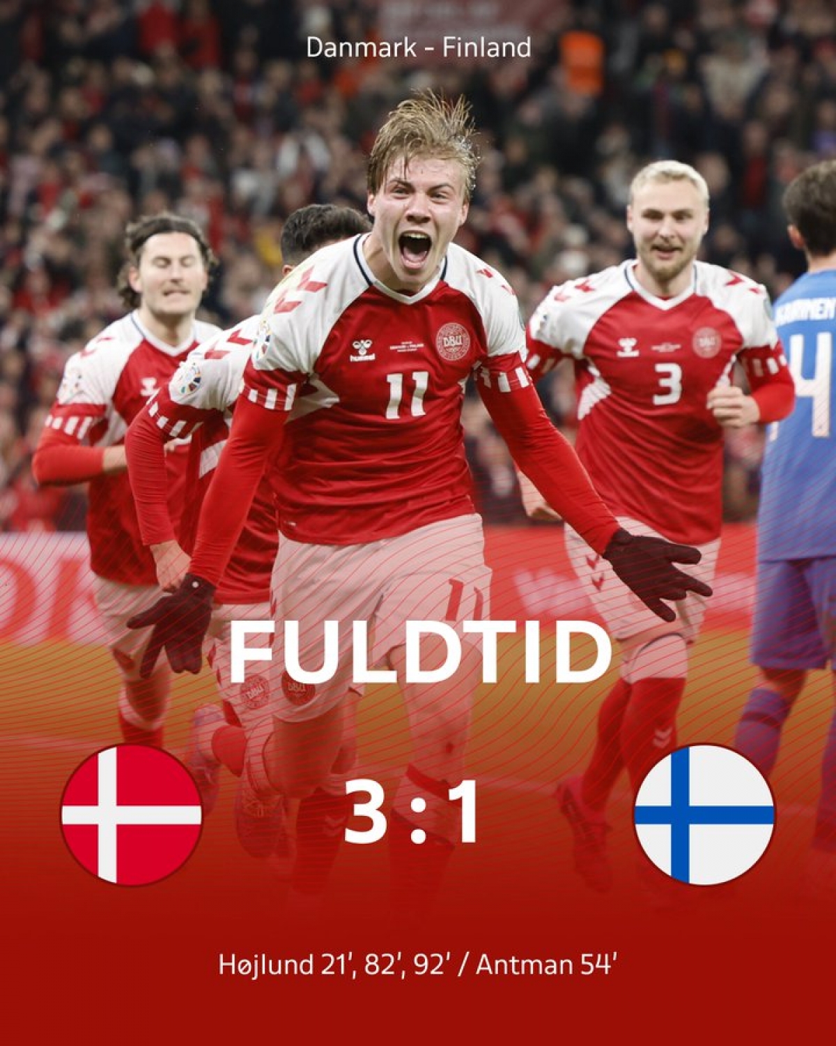 Tiền đạo Rasmus Hojlund lập cú hat-trick cho đội tuyển Đan Mạch