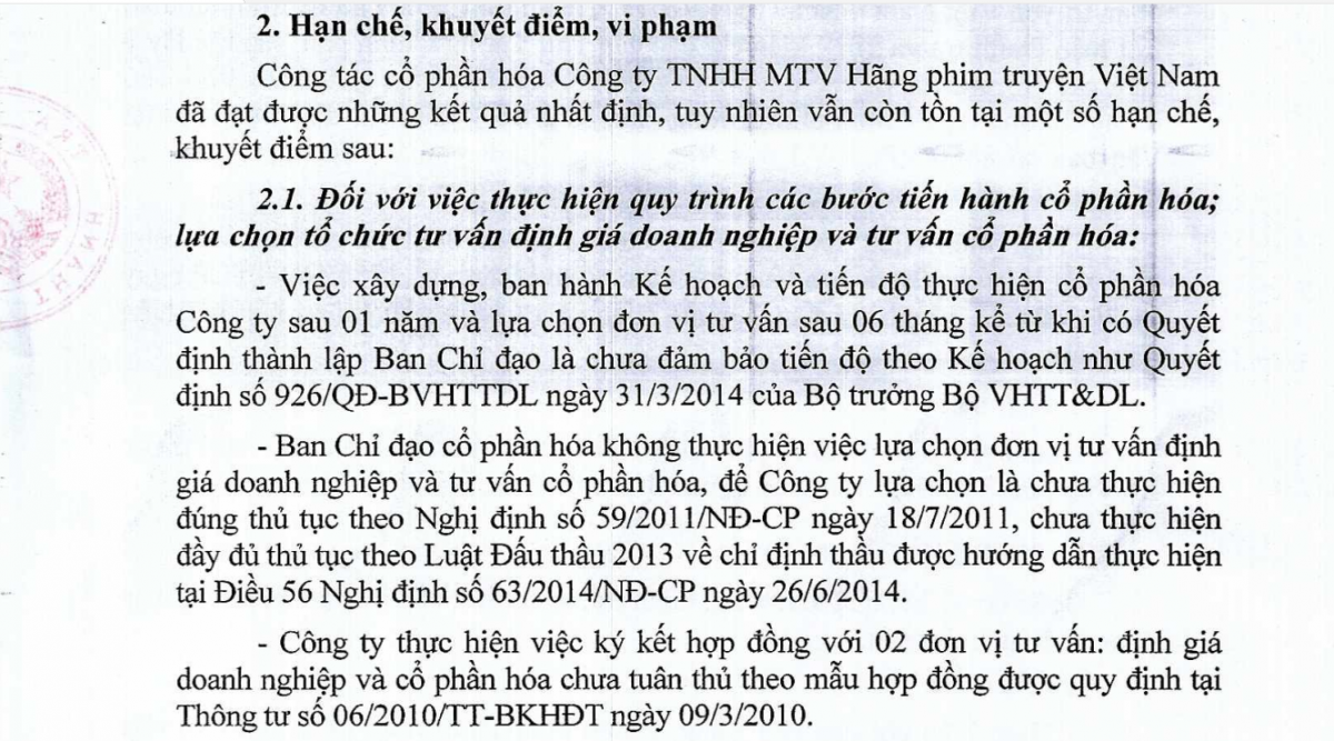Kết luận thanh tra số số 1589/ TB-TCCP chỉ rõ những hạn chế, khuyết điểm trong công tác cổ phần hóa Hãng phim truyện Việt Nam
