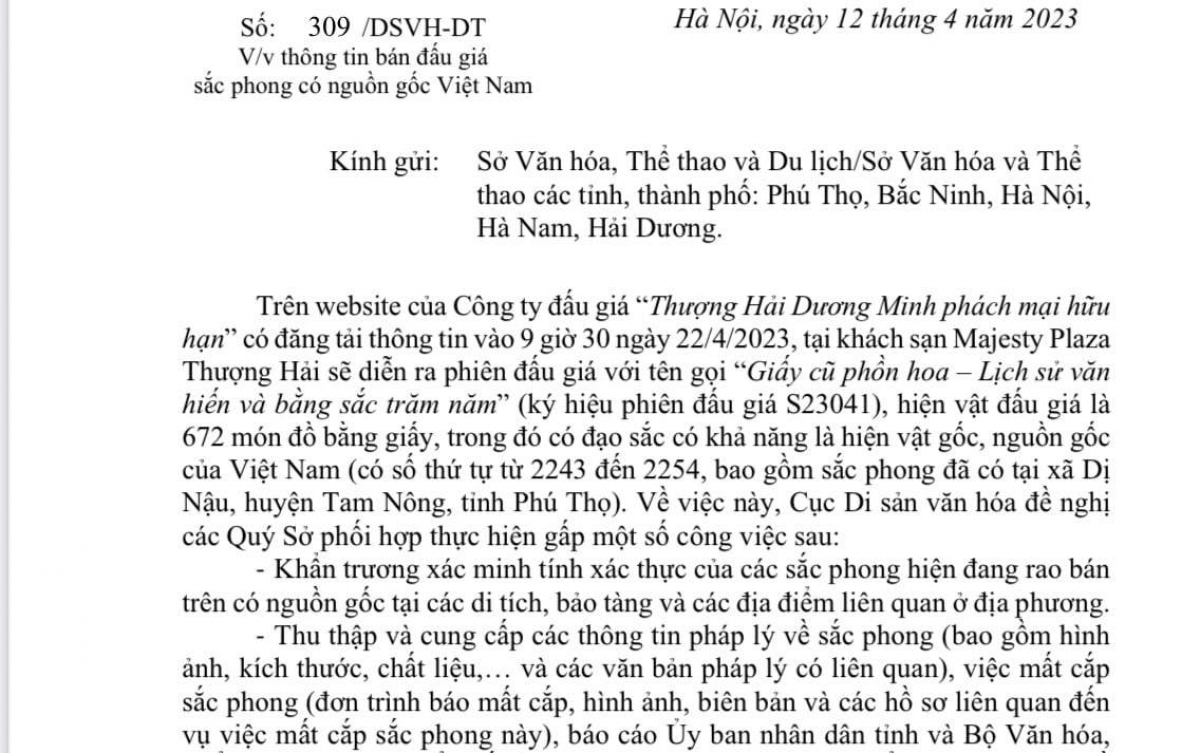 Công số 309/DSVH-DT của Cục Di sản Văn hóa, Bộ VHTTDL