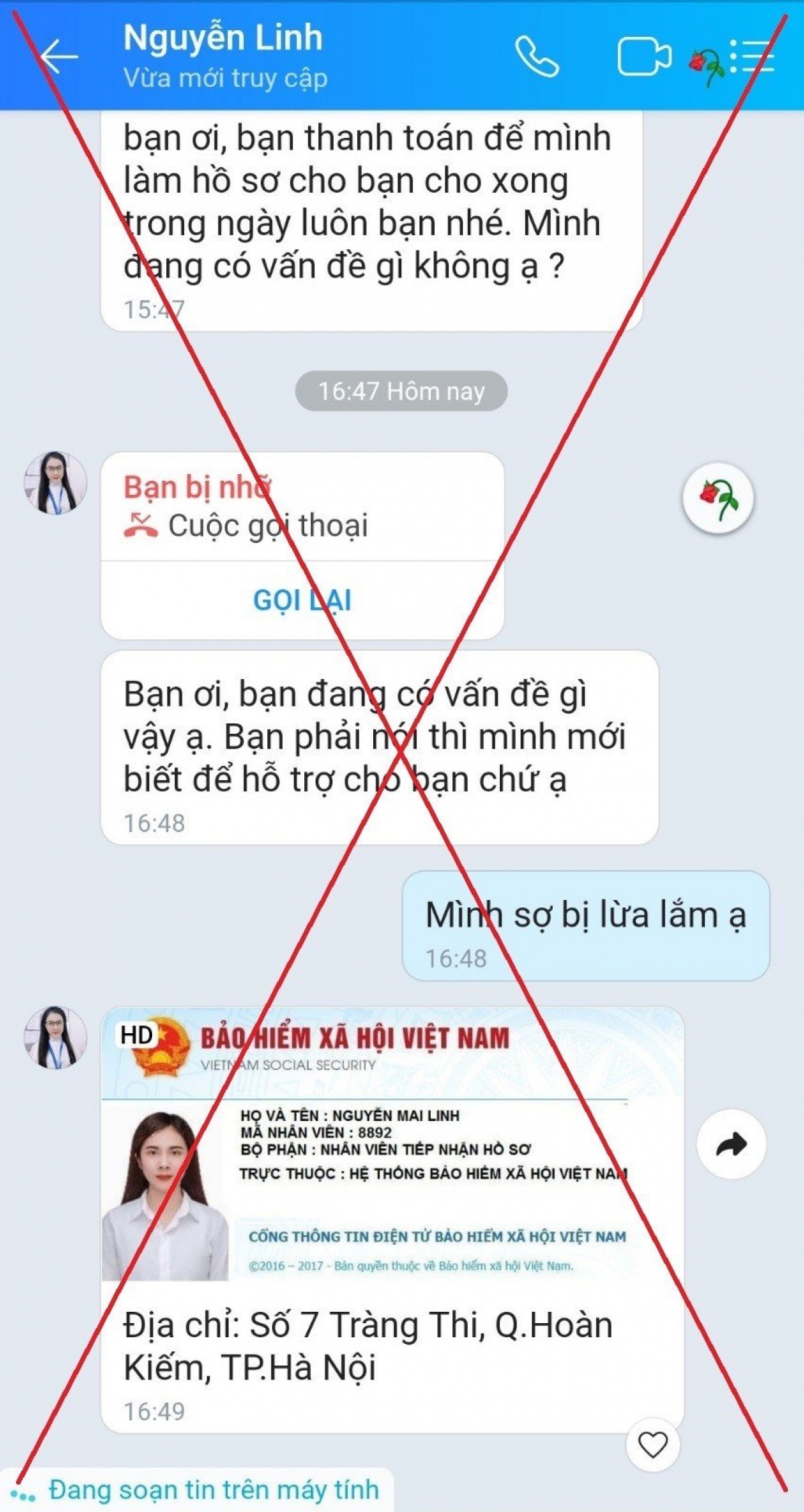 Tin nhắn của kẻ lừa đảo gửi cho chị B.