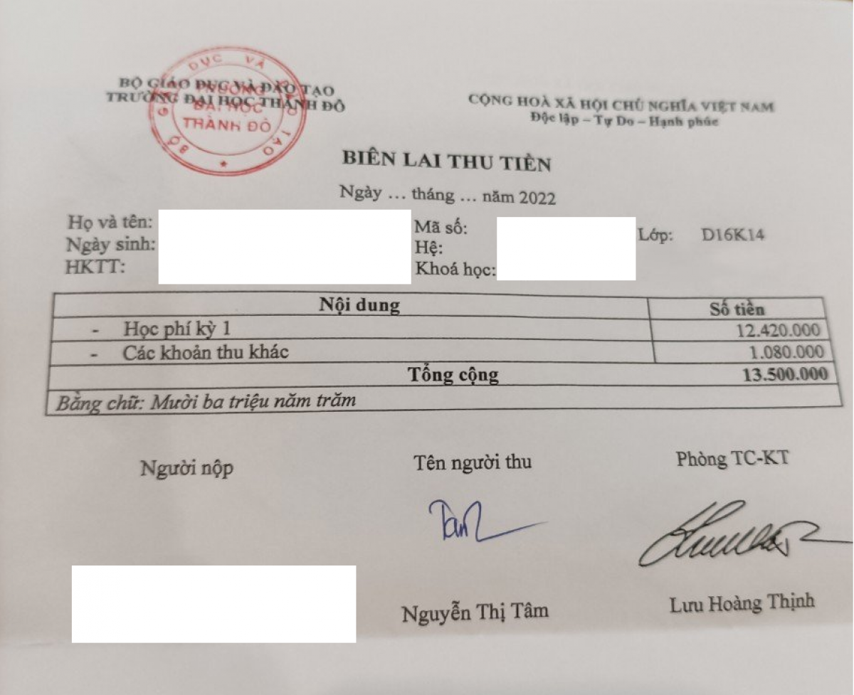 Hình ảnh giả mạo biên lai thu tiền